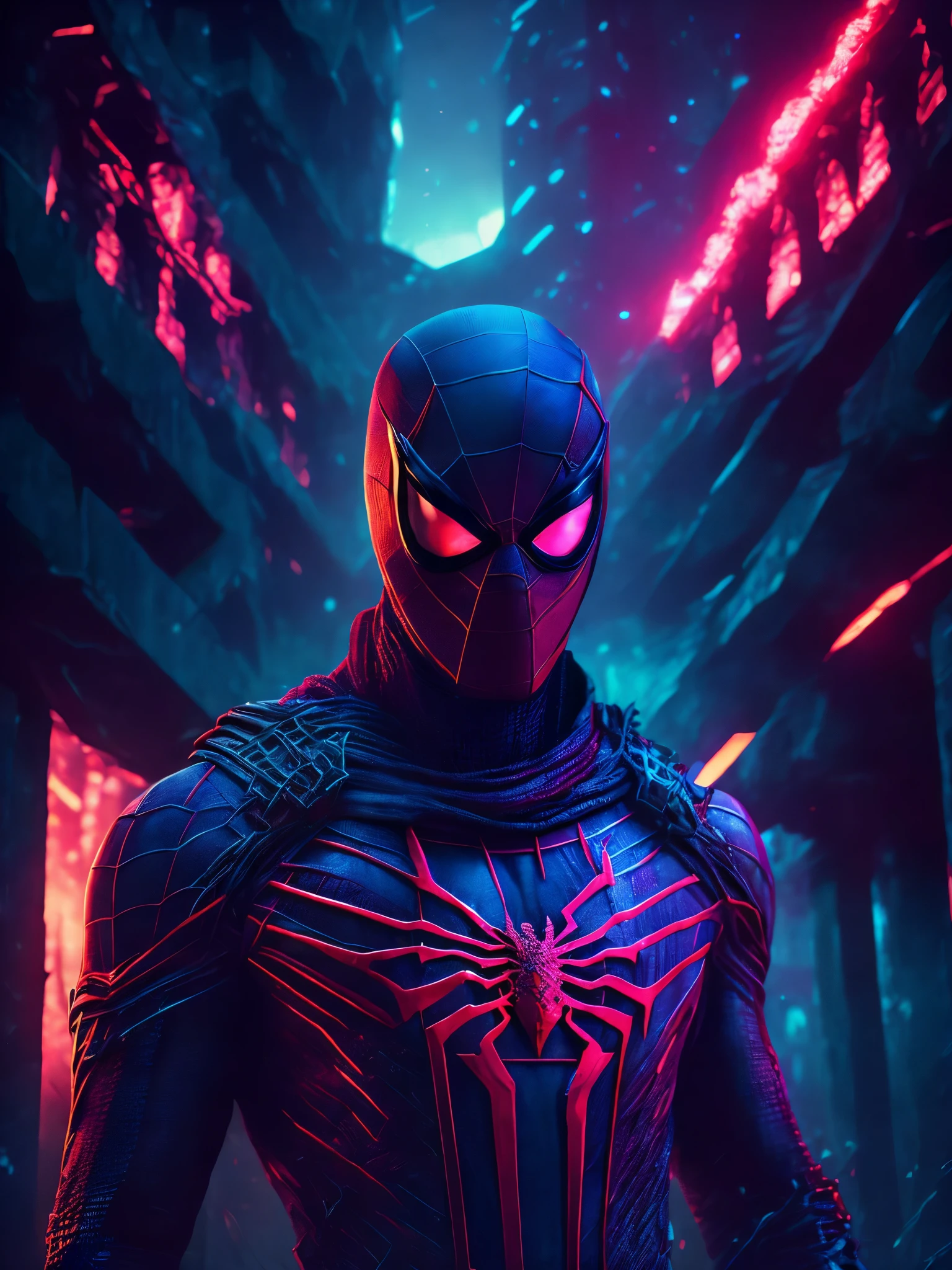  Grim portrait from Marvel dressed as Spiderman with ripped and dirty spiderman suit intricate angular cybernetic implants inside a brutalist building, gothic brutalist graveyard, cyberpunk, Foto premiada, Bokeh, Neon lights, cybernetic, fireworks in the background.