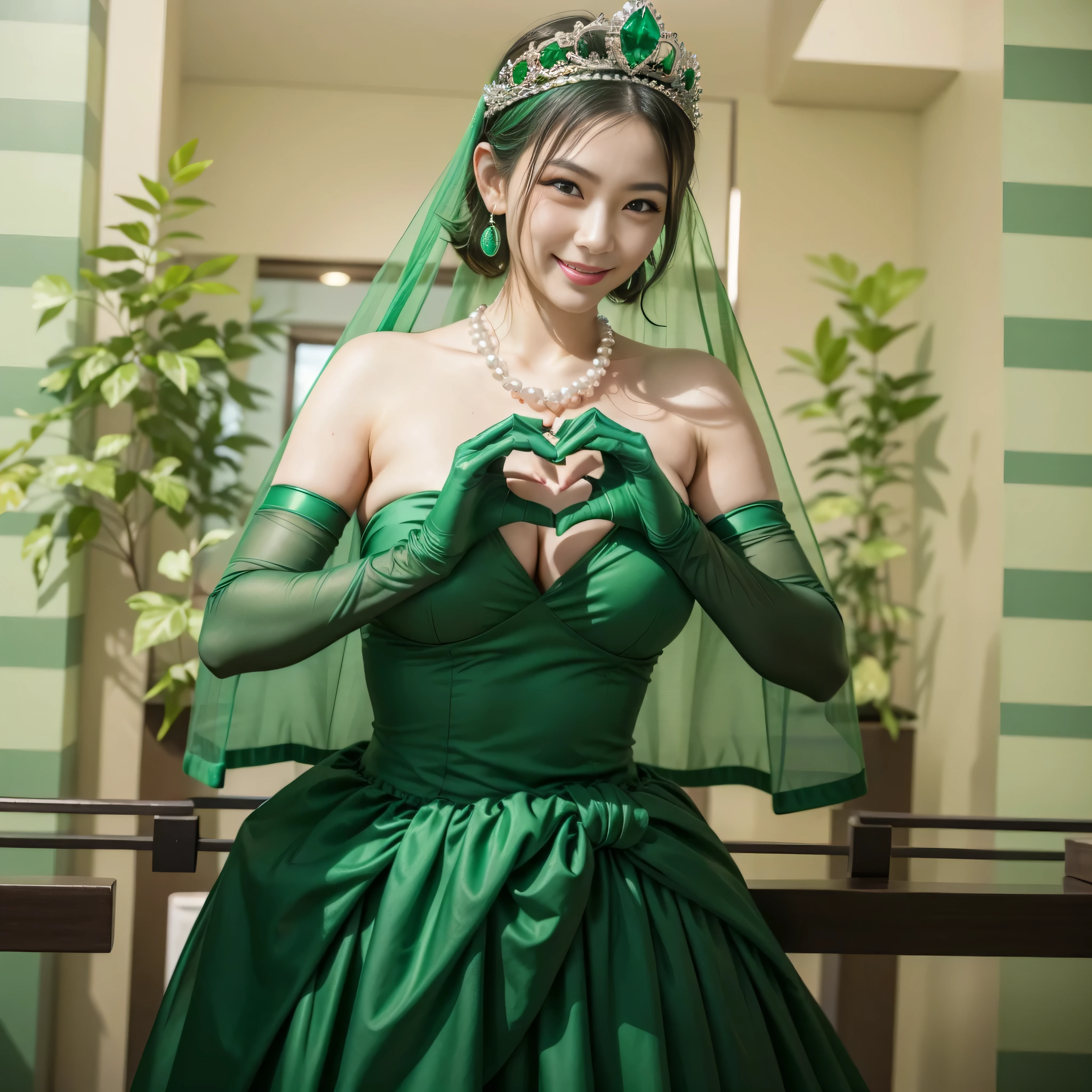 emerald tiara, green pearl necklace, ボーイッシュな非常に短いgreen hair, lipstick, smiling Japanese woman, very short hair, Beauty with large breasts, green eyes, Long Green Satin Gloves, green eyes, emerald earrings, green veil, heart with both hands, green hair, beautiful japanese woman, heart shaped hand:1.3, green lip gloss