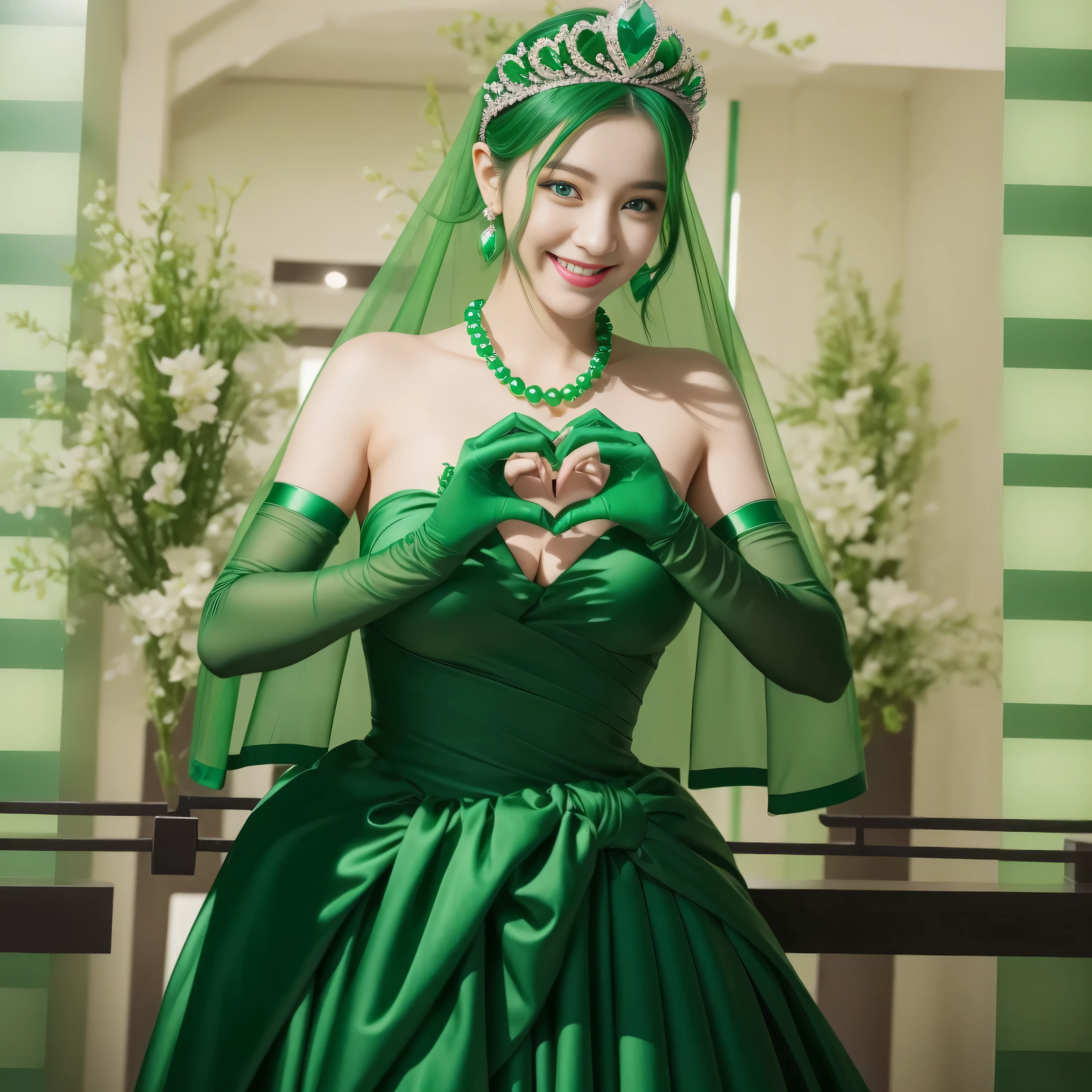 emerald tiara, green pearl necklace, ボーイッシュな非常に短いgreen hair, green lips, smiling Japanese woman, very short hair, Beauty with large breasts, green eyes, Long Green Satin Gloves, green eyes, emerald earrings, green veil, heart with both hands, green hair, beautiful japanese woman, heart shaped hand:1.3, green lip gloss