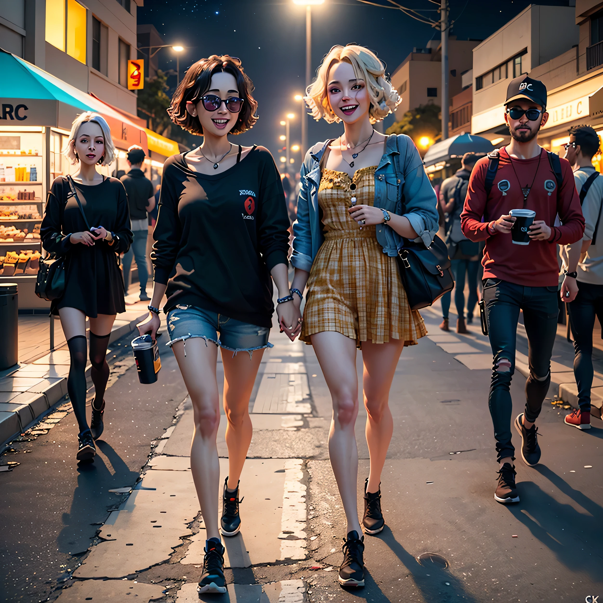((Mejor calidad)), ((obra maestra)), (muy detallado:1.3), (cinematic lighting), 3D, una foto fotorrealista de Mumm-Ra, ((cuerpo completo imagen centrada el el cuadro) 2 amigas divirtiendoce y sonrriendo, alegria, buen momento de amigas, ropa moderna y linda, con adornos de adolescentes, (muy detallada: 1.3) 8k)), fondo oscuro, de noche , darck,ciudad muchos carteles publicitarios iluminados, ((epic lighting)).