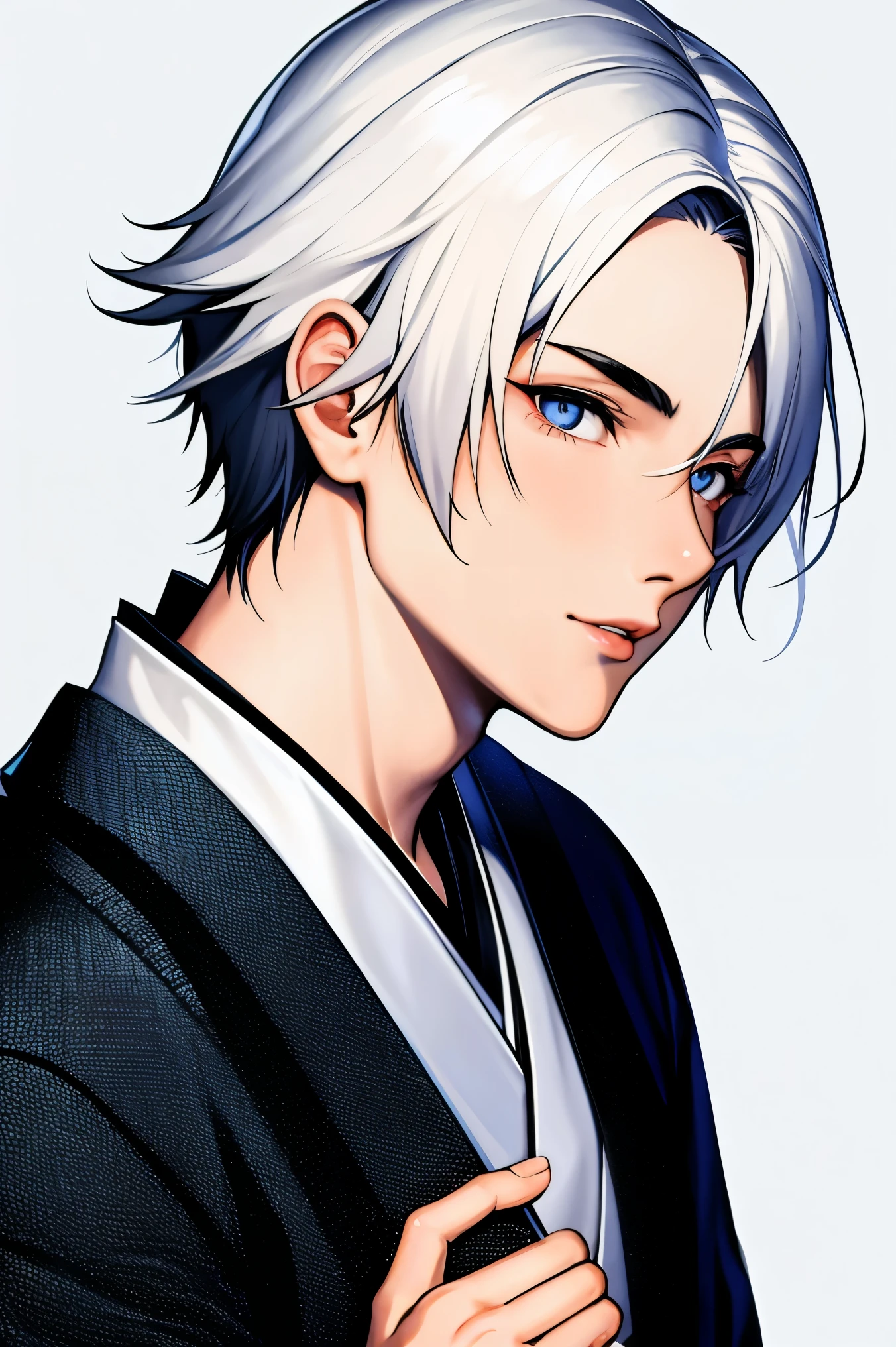 1boy, solo, japanese theme background, looking at viewer,large breasts,portrait,from side,Young Japanese man with medium-length white hair, white eyebrows, blue eyes, dressed in Japanese streetwear style((young male))