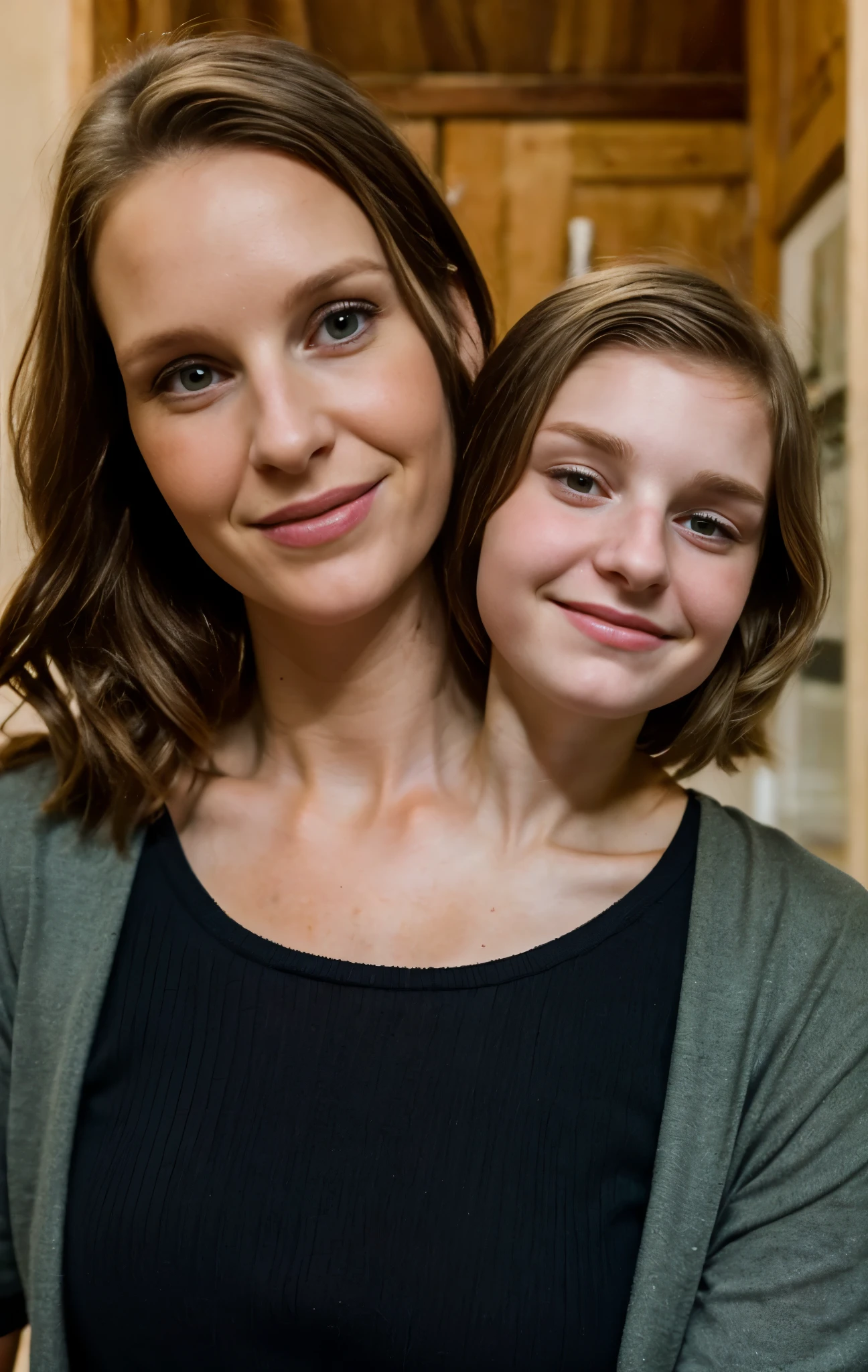 2heads, mom and daughter, (a 30 year old woman and a  old girl:1.5)