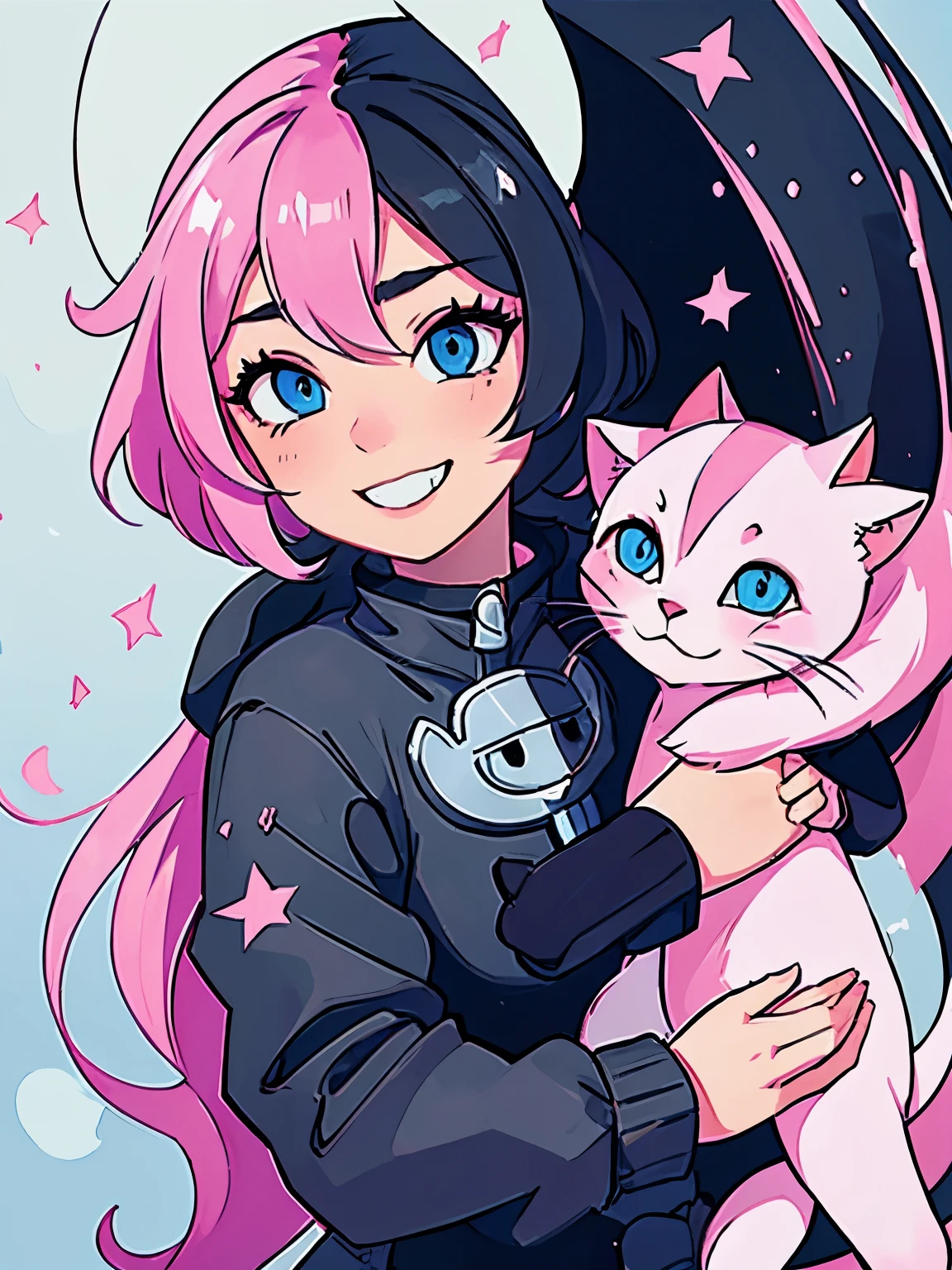 Very cute female anime catwoman, black and pink hair , blue eyes, beautiful background. Smiling holding a fluffy pink white cat with blue eyes.