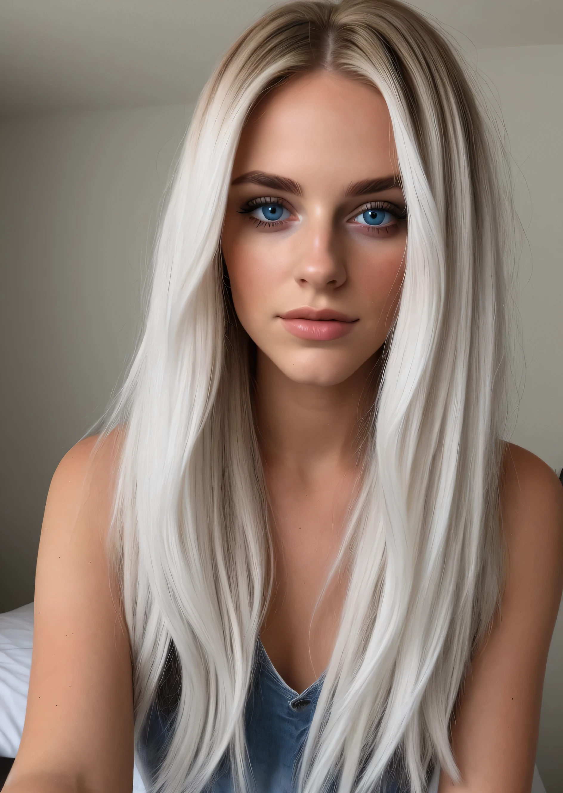 taken with iphone camera BREAK medium shot selfie of a pretty young woman BREAK (ombre:1.3) blonde white hair