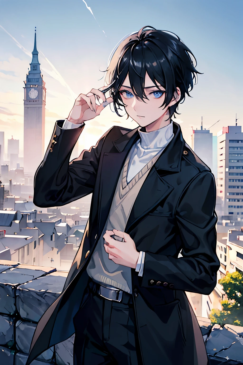 male black hair blue eyes very short hair one person stone wall city stage city下町 overlooking the city coat Imperial capital cool slacks sweater masterpiece Highest image quality noise removal clear parts cinematic shadow Increased attractiveness of the eyes clear parts the shine of the eyes Draw eyelashes neatly perfect eyes detailed eyes Sharpen image quality Sharpen eye writing clear parts eye shape