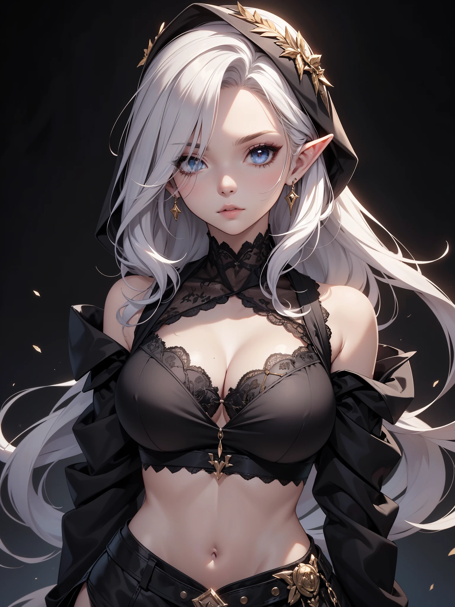 White elf girl, very long flowing hair, white eye color, small eyes, realistic human eye shape, round eye shape, eyeliner, realistic face shape. black lace low cut lace shirt, portrait, wearing a black hood, black background, chest showing, , Depth of Field. looking at camera, dreamy look detailed eyes, detailed face, detailed skin, Ultra Detailed, Beautiful and Aesthetic, Masterpiece, Best Quality, shoulders showing. lace fabric, round chin shape. wearing black hood over hair. showing full upper body and face. wearing a black hood. hips showing, flairs in background, zoomed out. full body showing. hips exposed, black and gold.