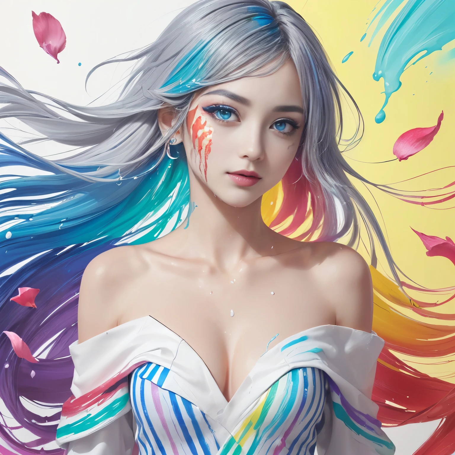 (colorfulな髪: 1.8), (all the colours of the rainbow: 1.8),(((((vertical painting:1.6))), (painting:1.6),front, comics, figures, paintings, Big eyes, clear eyes,( rainbow color gradient high ponytail:1.7), Exquisite makeup, closed mouth,(Small Fresh: 1.5),(Wipe Chest: 1.6) ,long eyelashes, white off shoulder T-shirt, White shoulder shirt,looking at the audience, Large watery eyes, (rainbow colored hair:1.6), カラーsplash, (alone:1.8), カラーsplash, explosion of colors, thick paint style, Messy lines, ((shining)),(colorful), (colorful), (colorful), colorful, Thick paint Style, (splash) (Color splash), Vertical painting, Upper body, paint splash, Acrylic Pigment, Slope, paint, best image quality, highest quality, masterpiece, alone, Depth of bounds written, Face paint, colorful clothes, (elegant: 1.2), nice,long hair, Wind, (elegant: 1.3), (petal: 1.4),(((masterpiece))),(((highest quality))),((super detailed)),(figure),(dynamic angle),((floating)),(paint),((messy hair)),(alone),(1 girl) , (((Detailed anima face))),((beautiful detailed face)),collar,bare shoulders,gray hair, ((colorful hair)),((striped hair)),beautiful and fine eyes,(Slope color eyes),(((colorful eyes))),(((colorful background))),(((high color saturation))),(((surrounded by colorful splashes))),sexy、null、whole body、