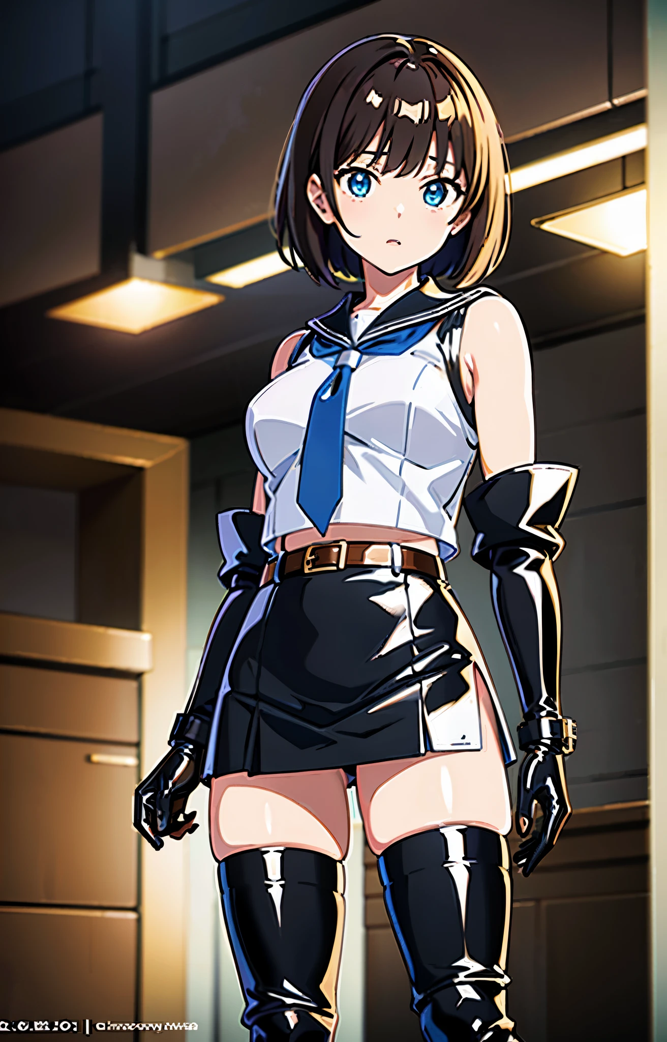official art, Highly detailed CG Unity 8K wallpaper, highest quality, masterpiece, High resolution,shiny latex thigh-high boots, Brown Shorthair, brown belt, leather shoulder bag、latex gloves, (shiny latex sailor suit)、shiny latex pleated skirt、 Leather texture, full body photo, melon face, small face, (big breasts)