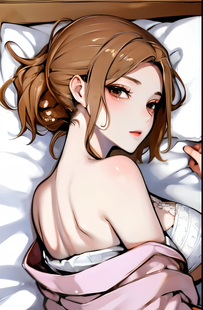 In 8K、highest quality、masterpiece、super detailed、ultra high resolution、anime style、on the bed、lie on your back、Light-colored yukata、bare shoulders、巨乳、長乳