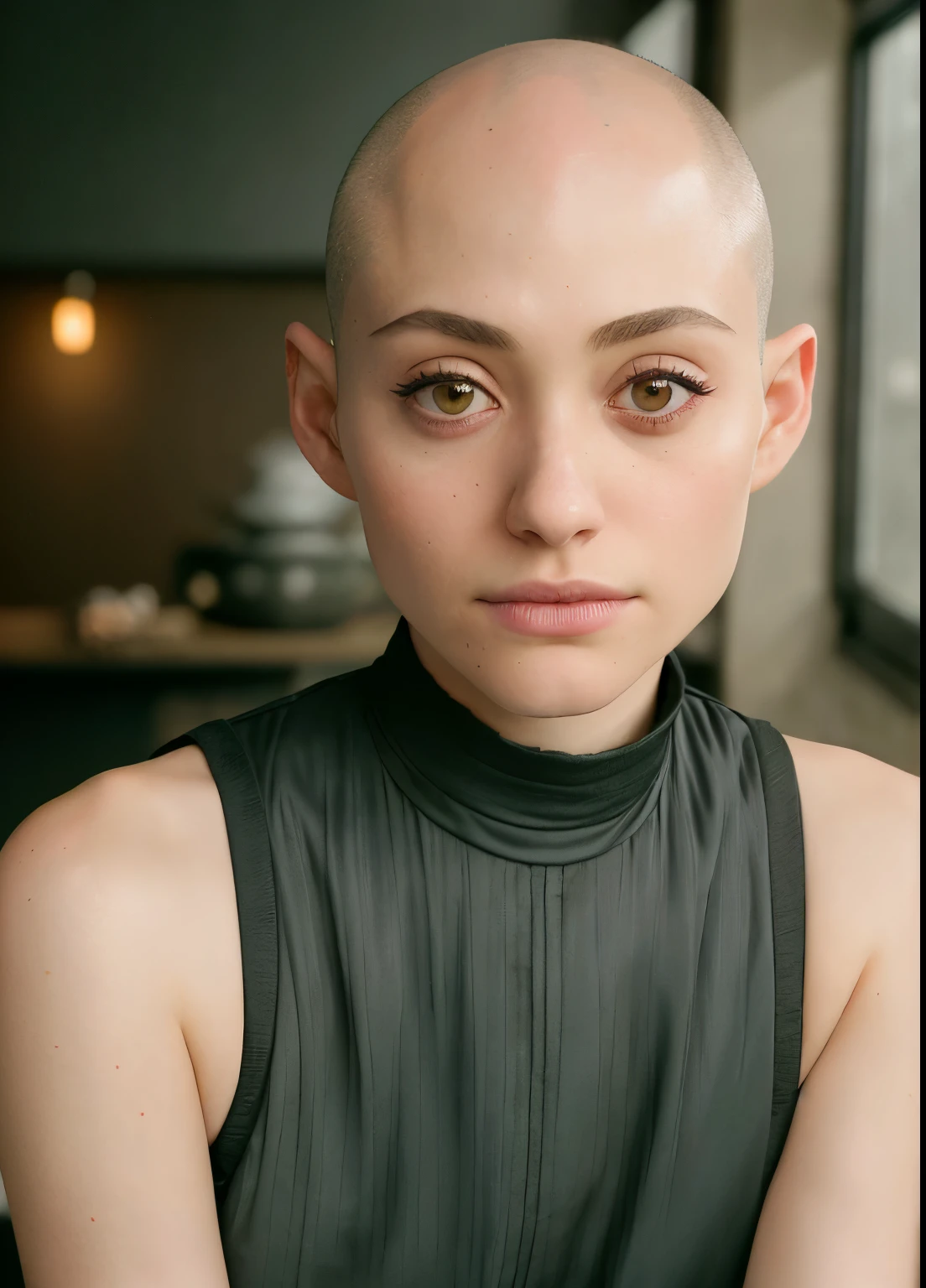 portrait of emmy rossum sick , (((bald)), wearing runway fashion , with gray Lob (long bob) , background ramen shop epic (photo, studio lighting, hard light, sony a7, 50 mm, matte skin, pores, colors, hyperdetailed, hyperrealistic)