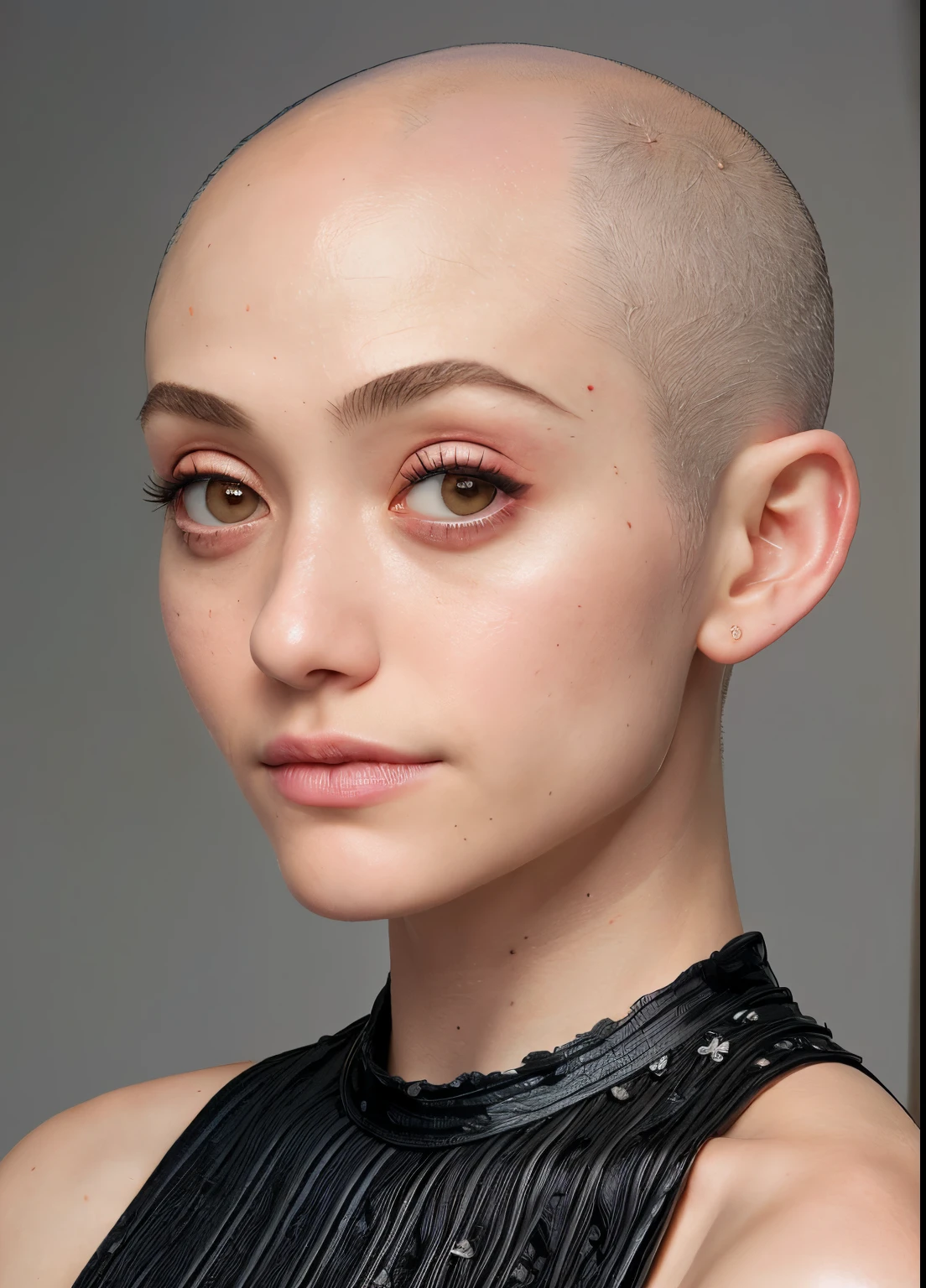 portrait of emmy rossum sick , (((bald)), wearing runway fashion , with gray Lob (long bob) , background ramen shop epic (photo, studio lighting, hard light, sony a7, 50 mm, matte skin, pores, colors, hyperdetailed, hyperrealistic)