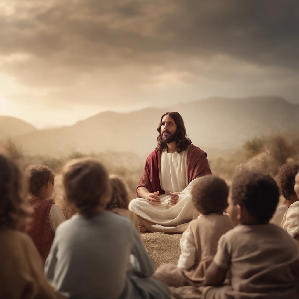 jesus preaching around children listening, ultra realista , hd, 4k, tunica blanca