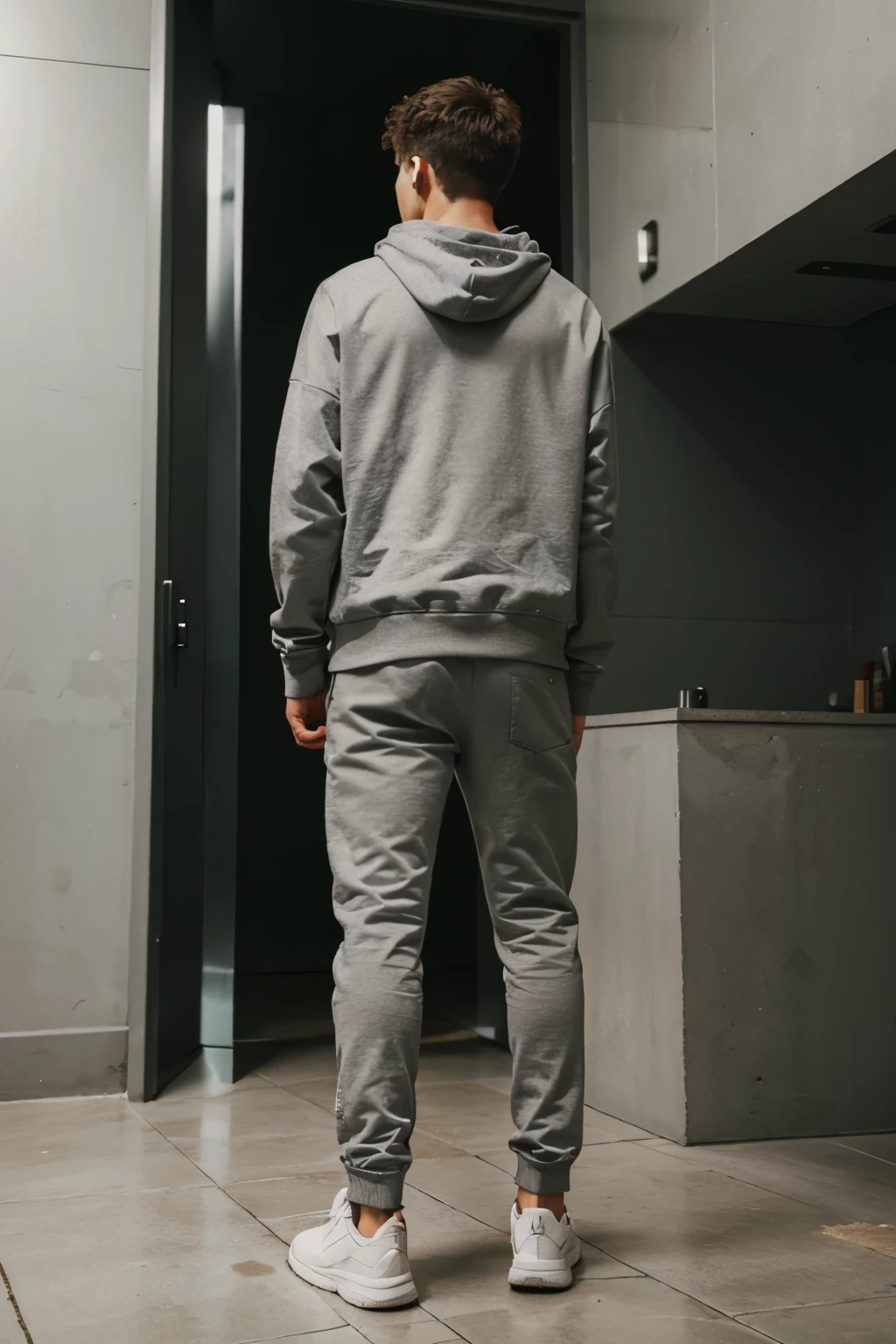 man from behind ,wearing gray hoody , full body
