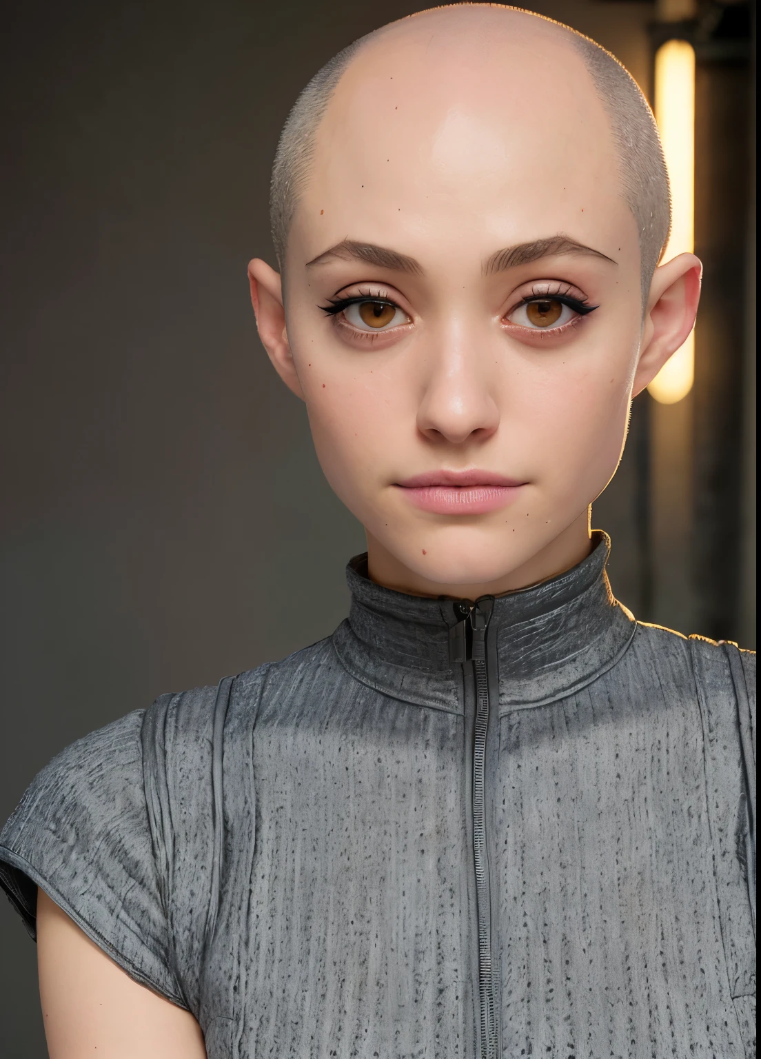 portrait of emmy rossum sick , (((bald)), wearing runway fashion , with gray Lob (long bob) , background ramen shop epic (photo, studio lighting, hard light, sony a7, 50 mm, matte skin, pores, colors, hyperdetailed, hyperrealistic)