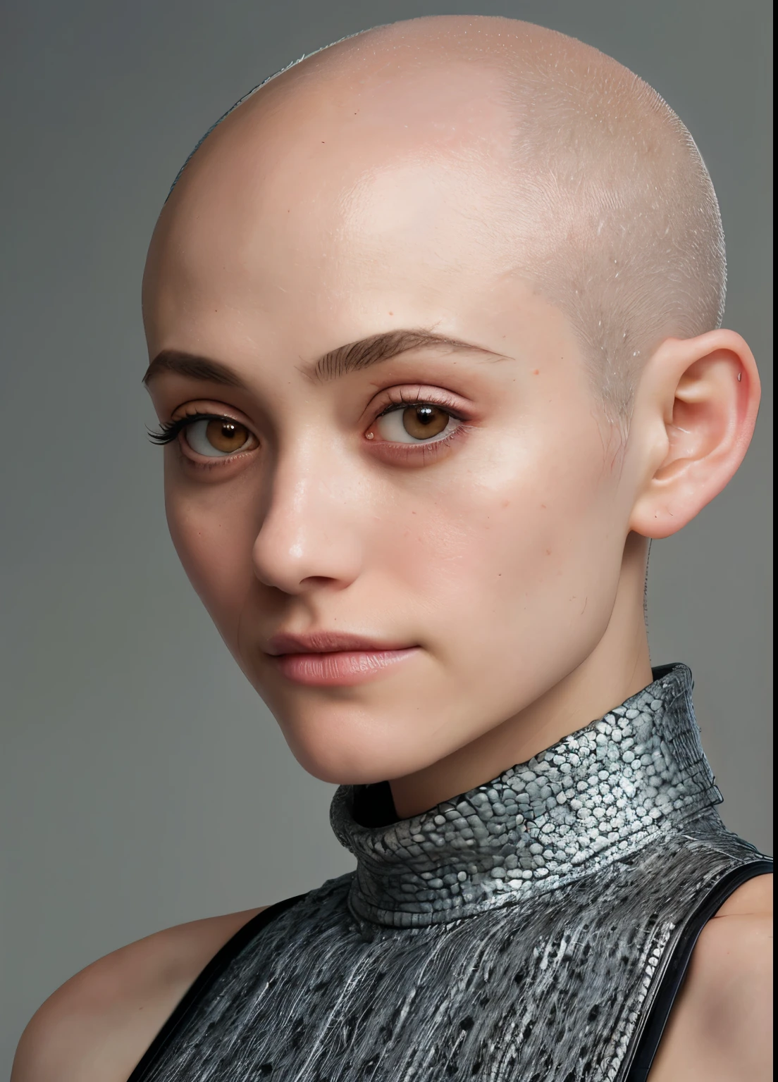 portrait of emmy rossum sick , (((bald)), wearing runway fashion , with gray Lob (long bob) , background ramen shop epic (photo, studio lighting, hard light, sony a7, 50 mm, matte skin, pores, colors, hyperdetailed, hyperrealistic)