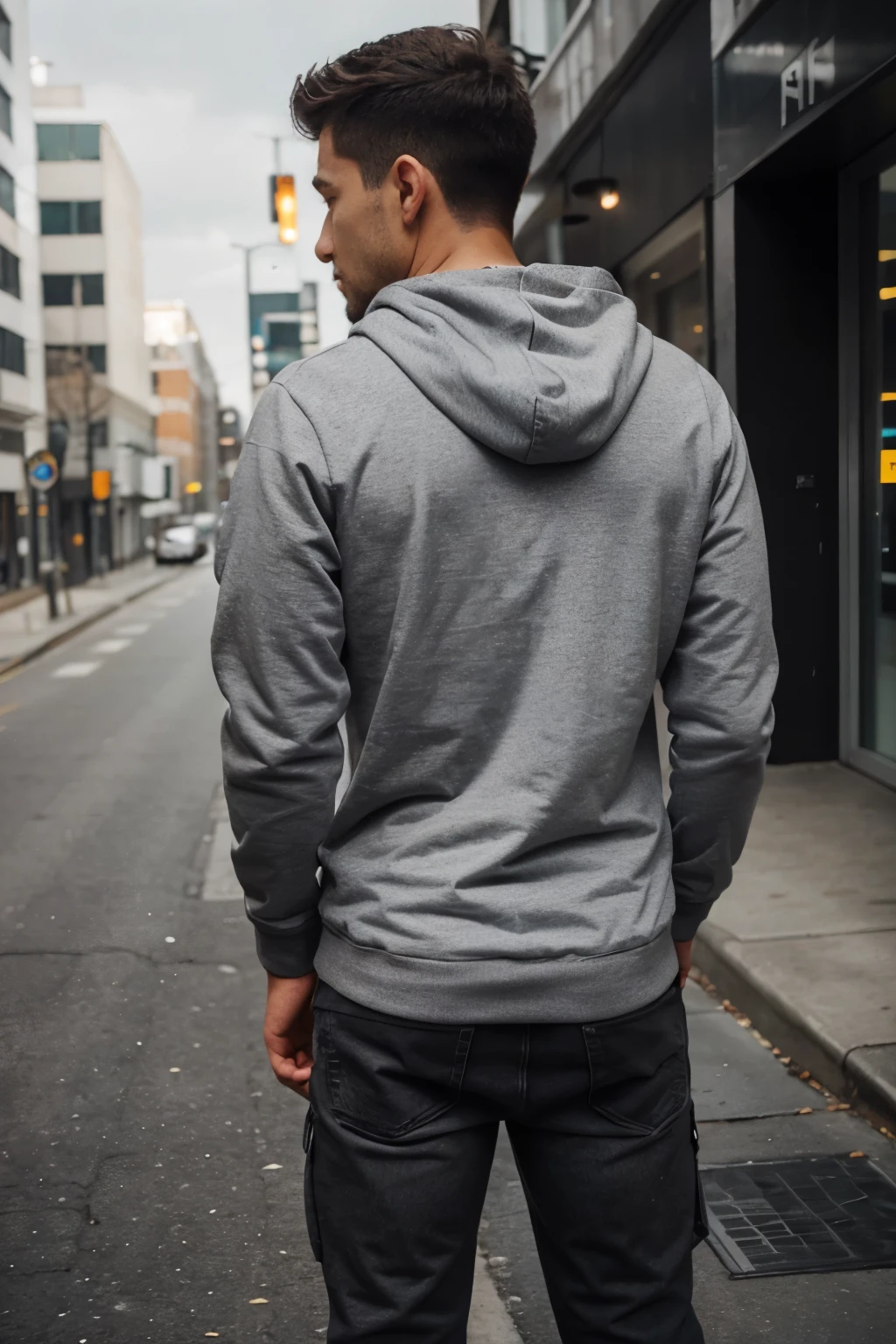 man from behind ,wearing gray hoody , full body