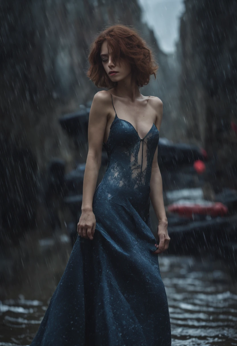 masterpiece by Tim Burton, dark and gothic ambient, noir landscape, best quality, ultra-detailed),(1girl), (((full body caption, top quality, 8k, masterpiece: 1.3)), (beautiful hands, polished nails), crisp focus: 1.2, beautiful woman with perfect figure: 1.4, slender abs: 1.2, pale skin: 1.5, delicate body, (hair black, shiny, short and straight, like a Chanel Haircut), (thin hips and a pentagram tattoo by the left leg), ( long blue dress:1.2|black top), (jeans:1.2|leather pants:0.9), (beautiful feet, a pentagram tattoo in the left foot, polished toes), ((layer cut, big: 1.2)), (rain, street: 1.2), wet body: 1.5, highly detailed face and skin texture, detailed eyes, Studio, Brazilian face,