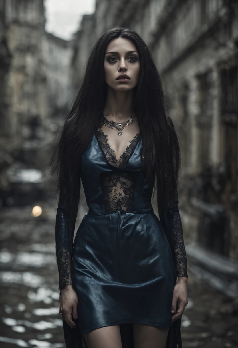 masterpiece by Tim Burton, dark and gothic ambient,  landscape, best quality, ultra-detailed),(1girl), (((full body caption, top quality, 8k, masterpiece: 1.3)), (beautiful hands, polished nails), crisp focus: 1.2, beautiful woman with perfect figure: 1.4, slender abs: 1.2, pale skin: 1.5, delicate body, (hair black, shiny, short and straight, like a Chanel Haircut), (thin hips and a pentagram tattoo by the left leg), ( long blue dress:1.2|black top), (jeans:1.2|leather pants:0.9), (beautiful feet, a pentagram tattoo in the left foot, polished toes), ((layer cut, big: 1.2)), (rain, street: 1.2), wet body: 1.5, highly detailed face and skin texture, detailed eyes, Studio, Brazilian face,