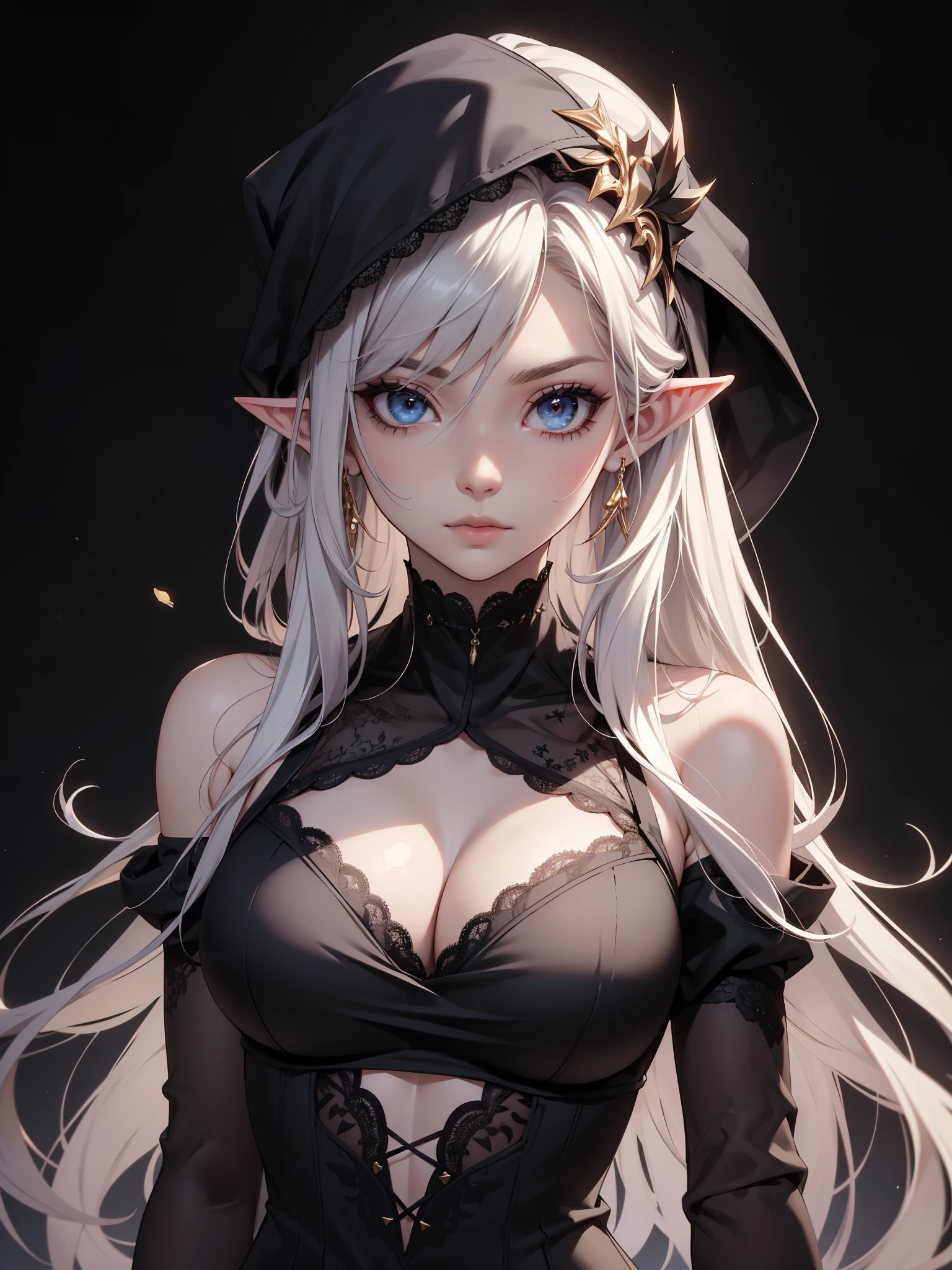 White elf girl, very long flowing hair, white eye color, small eyes, realistic human eye shape, round eye shape, eyeliner, realistic face shape. black lace low cut lace shirt, portrait, wearing a black hood, black background, chest showing, NSFW, Depth of Field. looking at camera, dreamy look detailed eyes, detailed face, detailed skin, Ultra Detailed, Beautiful and Aesthetic, Masterpiece, Best Quality, shoulders showing. lace fabric, round chin shape. wearing black hood over hair. showing full upper body and face. wearing a black hood. hips showing, flairs in background, zoomed out. full body showing. hips exposed, black and gold. 