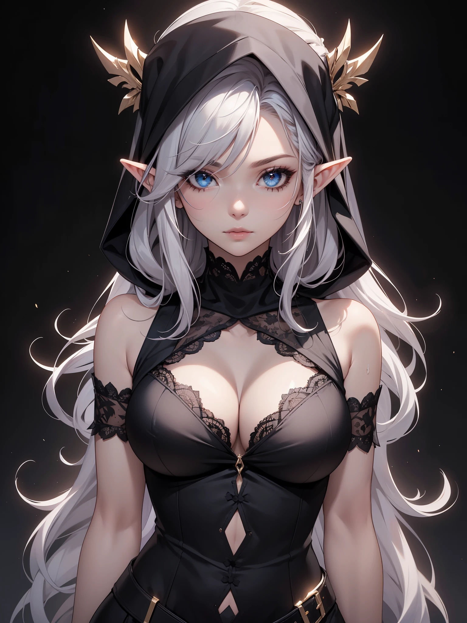 White elf girl, very long flowing hair, white eye color, small eyes, realistic human eye shape, round eye shape, eyeliner, realistic face shape. black lace low cut lace shirt, portrait, wearing a black hood, black background, chest showing, NSFW, Depth of Field. looking at camera, dreamy look detailed eyes, detailed face, detailed skin, Ultra Detailed, Beautiful and Aesthetic, Masterpiece, Best Quality, shoulders showing. lace fabric, round chin shape. wearing black hood over hair. showing full upper body and face. wearing a black hood. hips showing, flairs in background, zoomed out. full body showing. hips exposed, black and gold.