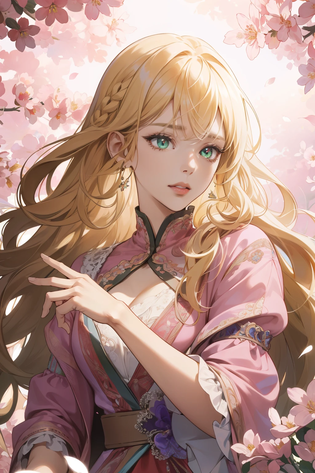 This is an instruction for creating a digital artwork involving the depiction of an adult woman with long, wavy blonde hair, adorned with thick blunt bangs. Her eyes are green. She is wearing a beautiful pink dress. Her hair is styled in an intricately adorned braid, reminiscent of a royal princess. The details on her face and eyes are very fine, and the resolution is very high (highres) and extremely detailed (ultra detailed). This image will serve as the background wallpaper for a CG Unity 8K with very detailed, complex, and rich details. The design includes symmetrical patterns, vibrant colors, geometric shapes, and captivating designs, as well as optical illusions. Its dynamic composition provides a dramatic impression. Additionally, this artwork also depicts the art of pantomime, expressive body language, and strong visual narratives through movement and expression. The background features blooming flowers in the royal garden, colorful petals, and a peaceful and beautiful natural setting.