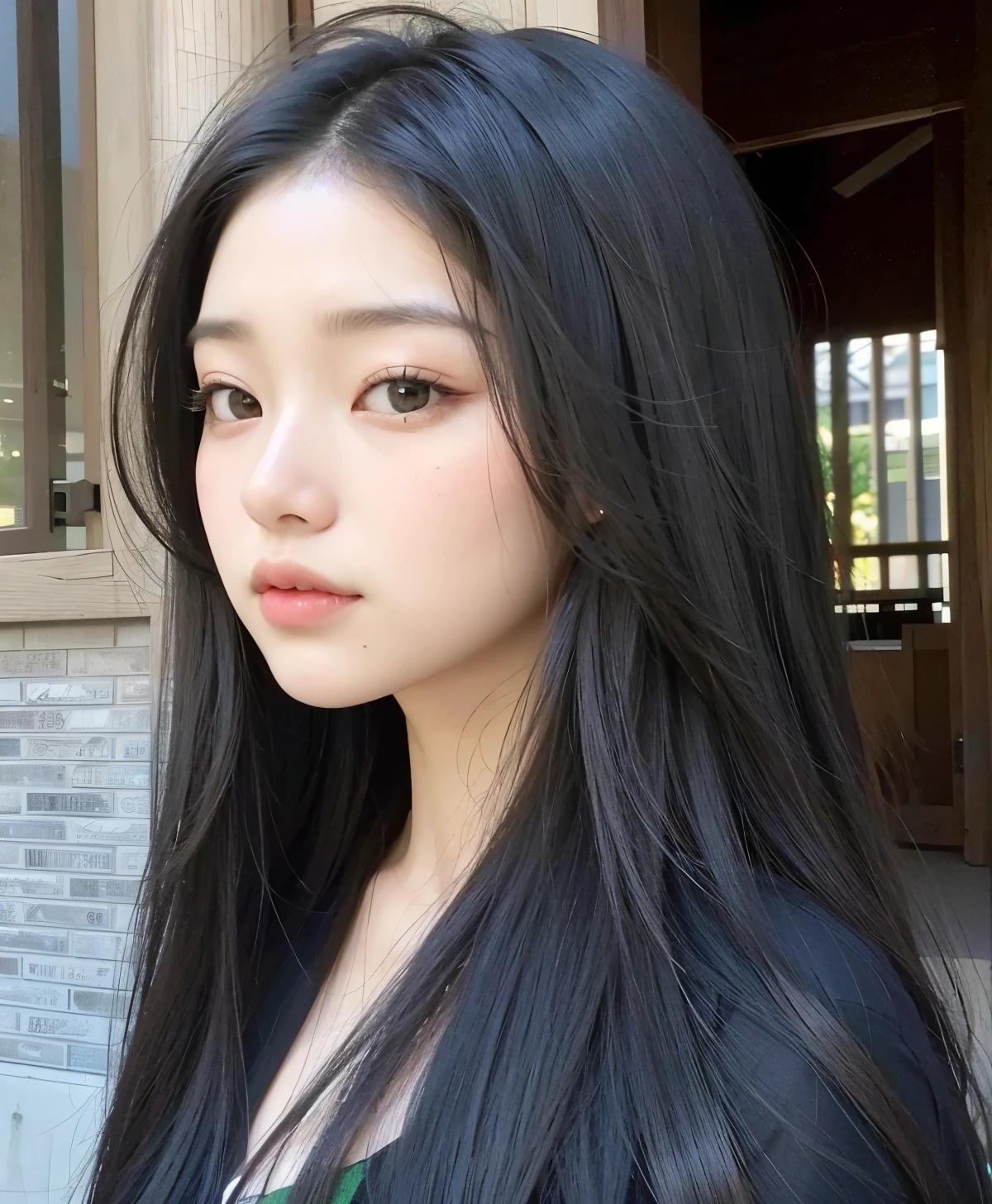 un primer plano de una mujer con cabello largo y negro y una camisa verde, beautiful south mujer coreana, muchacha coreana, jaeyeon nam, gorgeous young mujer coreana, beautiful young mujer coreana, con cabello largo, jennie rosa negro, joven y adorable rostro coreano, gongbi, beautiful asian girl, mujer coreana, asian features, pelo cortado hime negro, Young cute pale asian face