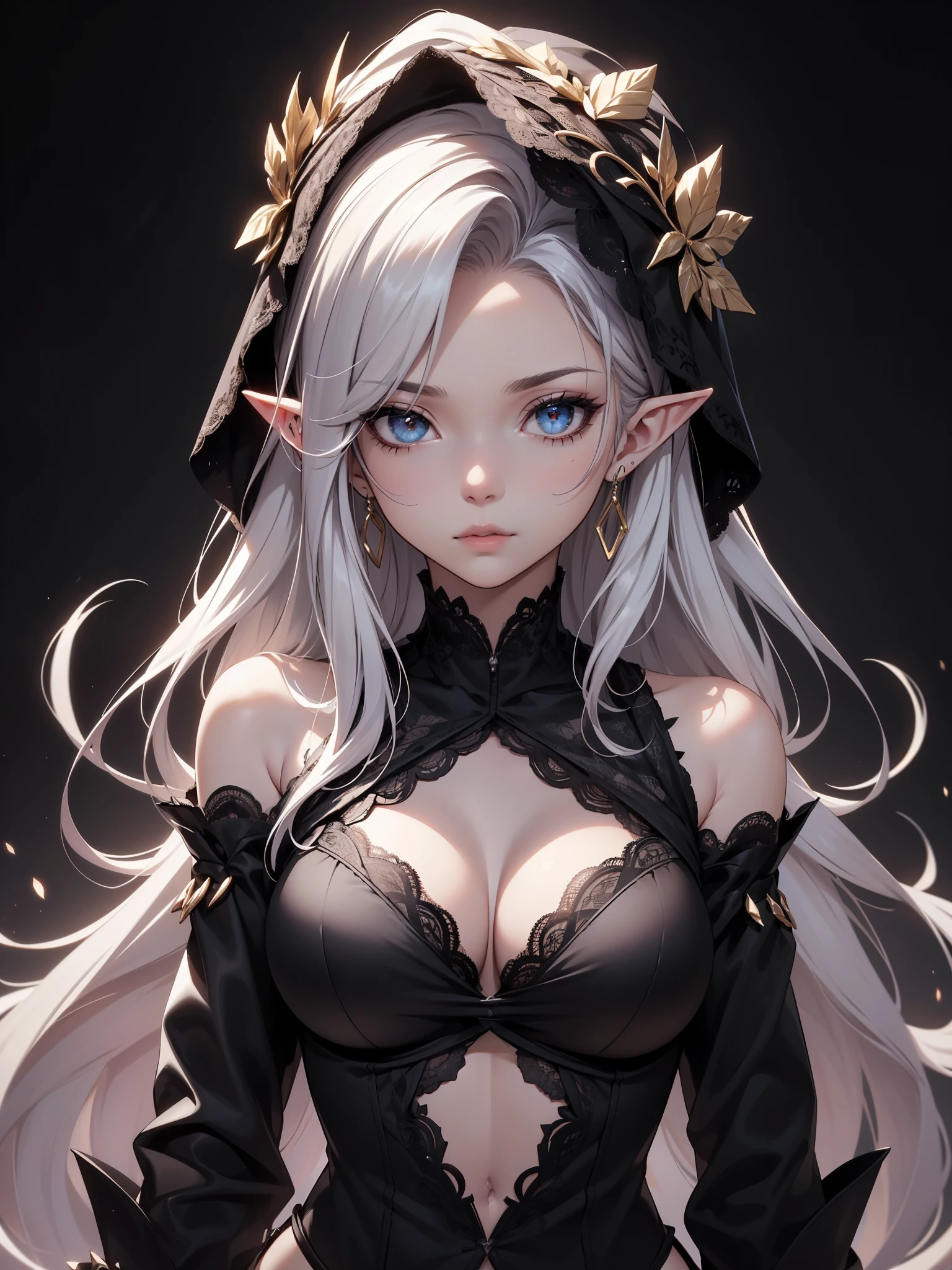 White elf girl, very long flowing hair, white eye color, small eyes, realistic human eye shape, round eye shape, eyeliner, realistic face shape. black lace low cut lace shirt, portrait, wearing a black hood, black background, chest showing, NSFW, Depth of Field. looking at camera, dreamy look detailed eyes, detailed face, detailed skin, Ultra Detailed, Beautiful and Aesthetic, Masterpiece, Best Quality, shoulders showing. lace fabric, round chin shape. wearing black hood over hair. showing full upper body and face. wearing a black hood. hips showing, flairs in background, zoomed out. full body showing. hips exposed, black and gold.