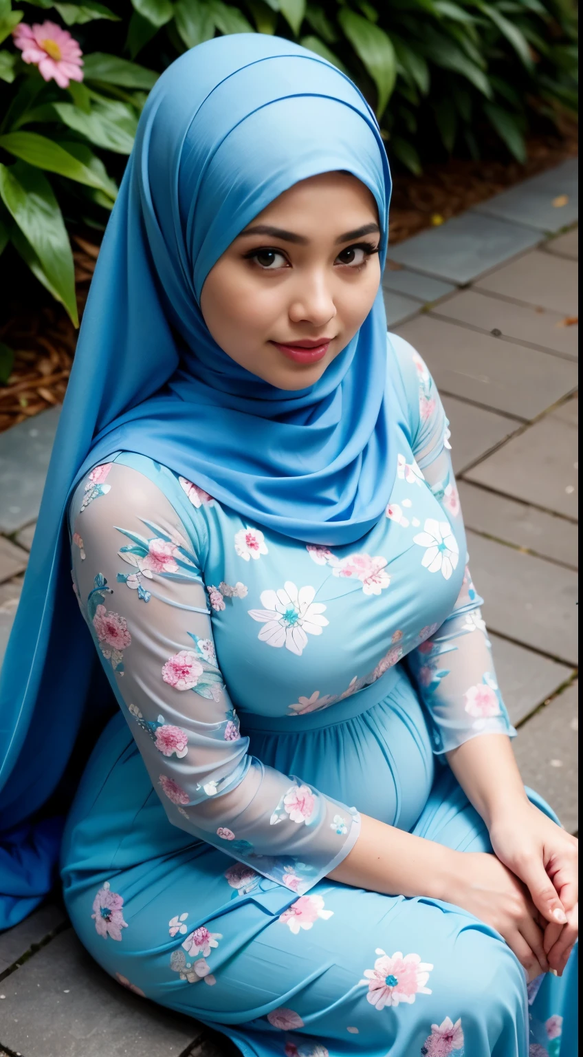 ( Close Up),RAW, Best quality, high resolution, masterpiece: 1.3), beautiful Malay woman in hijab,pregnant, Masterpiece, perfect body, Big breasts, thick thighs, beautiful big eyes, mole under the eyes, long eyelashes, big eyes, beutifull face, Soft smile,  woman wearing a blue floral dress sitting on steps, modest flowing gown, turqouise, flowery dress, wearing a long flowery dress, long dress female, floral art novuea dress, full covered dress, detailed picture, icey blue dress, illustrious clothes  Soft turtleneck, evening walk, garden park, Great lighting, Bright colors, Clean lines