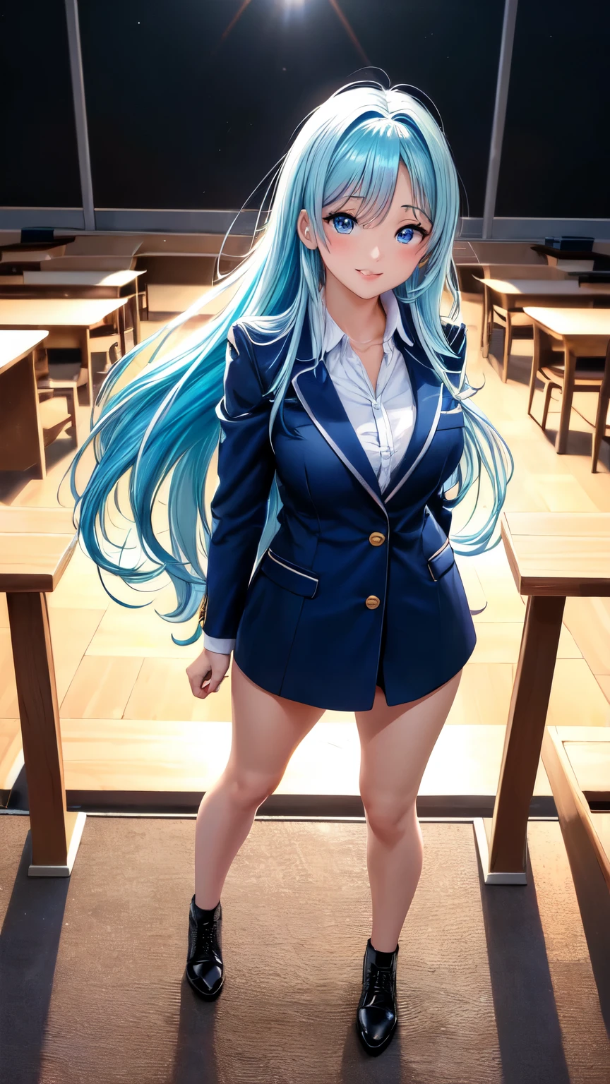 (full body view), anime, Estilo Anime Mulher Realista, (Blue-eyed Hungarian), de 18 anos, ((blazer cinza, Amor, Minissaia dobrada azul escuro, Meias)), University Classroom, Belo detalhe nos olhos, (tamanho dos olhos: 3/4) luz no rosto, (((detalhes intrincados))), ((Foto de corpo inteiro: 1.2)), Luz especialmente forte, (Olhos superiores, Sorriso sorridente: 1.2), pele brilhante, (((random hair color))), (coxas grossas), ulzzang-6500-v1.1: 0.2, Shy, (flash: 1.2), NSFW , (Inchado), ((postura sedutora: 1.2, atraente: 1.2)), (inativo), sentado em uma mesa: 1.2, ((boa anatomia: 1.2)), Sala de aula luminosa e refrescante, beautiful and symmetrical face, natural side lighting, 8k, Fotos RAW, Qualidade superior, Obras-primas, RAW color photos high definition professional close-up photos, (realista, fotorrealismo: 1.37), (mais alta qualidade), (sombras claras de alto contraste), (better illustrations), (erotic, sexy, ultra-high resolution, 8K HD Unified CG Wallpapers, Physical representation, film lighting), ((Canon EOS R50 camera with 50mm lens))