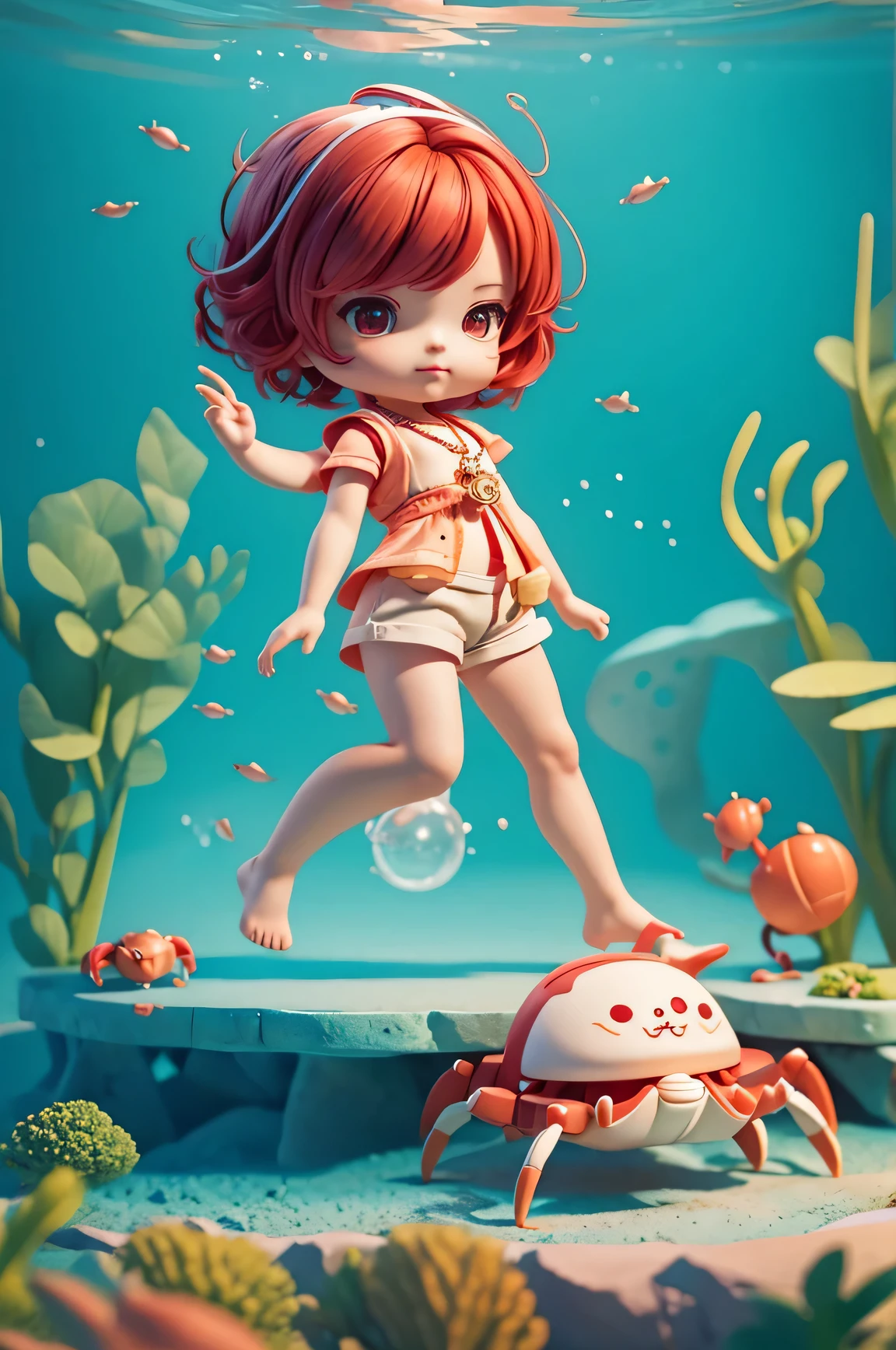 8K,cutemaleの子,crab,necklace,baby chibi,male,adorable,comics,cinematic lighting effects,attractive,3D vector art,cute and quirky,fantasy art,Blur,written by hand,digital painting,soft lighting,Isometric style,Photorealistic rendering in 4K resolution,very detailed clean,vector image,a realistic masterpiece,light reflection,in water,cancer,astrology,cute,Delicately expressed,beautiful background,redhead,Humale,short hair,shorts,crab,Naughty crab