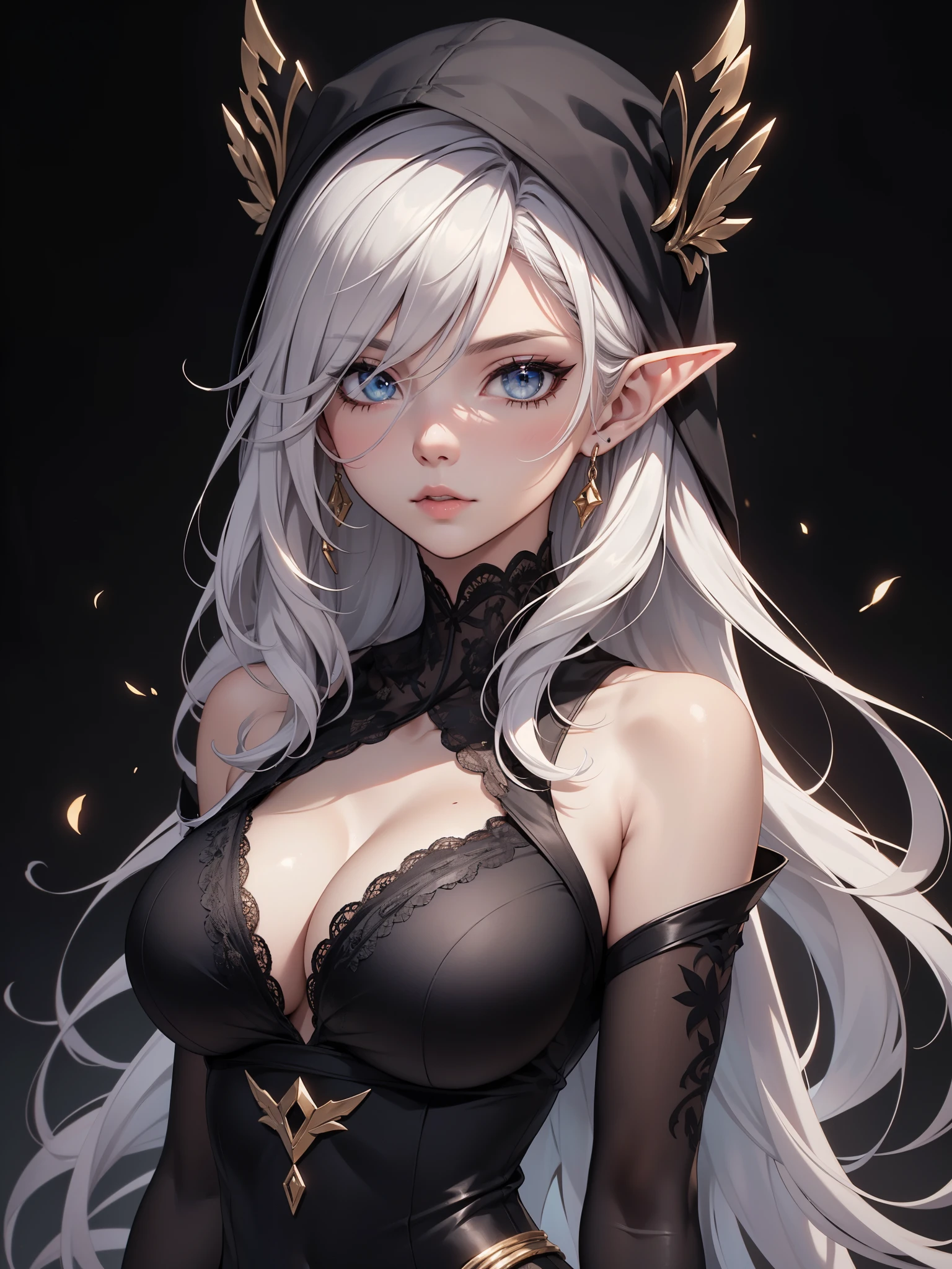 White elf girl, very long flowing hair, white eye color, small eyes, realistic human eye shape, round eye shape, eyeliner, realistic face shape. black lace low cut lace shirt, portrait, wearing a black hood, black background, chest showing, NSFW, Depth of Field. looking at camera, dreamy look detailed eyes, detailed face, detailed skin, Ultra Detailed, Beautiful and Aesthetic, Masterpiece, Best Quality, shoulders showing. lace fabric, round chin shape. wearing black hood over hair. showing full upper body and face. wearing a black hood. hips showing, flairs in background, zoomed out. full body showing. hips exposed, black and gold. 