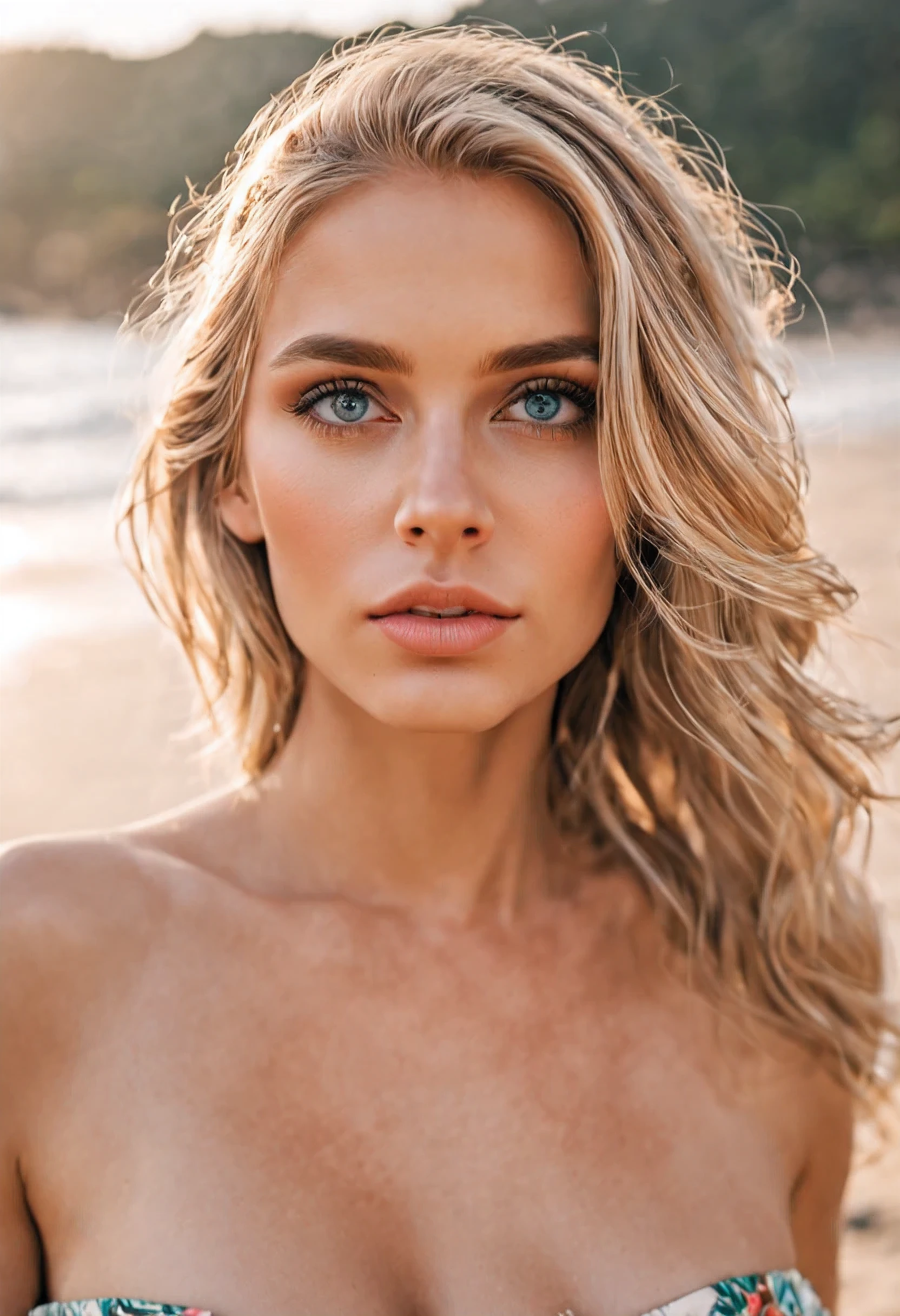 (blond hair,beautiful detailed eyes and face,perfectly contoured lips,slender figure),portrait,beach,soft sand,crashing waves,tropical paradise,vibrant colors,summer vibes,warm sunlight,fresh breeze,sun-kissed skin,sparkling ocean,magical atmosphere,bokeh lights,serene and peaceful ambiance,professional photography,high resolution,ultra-detailed,realistic rendering,high-quality post-processing techniques