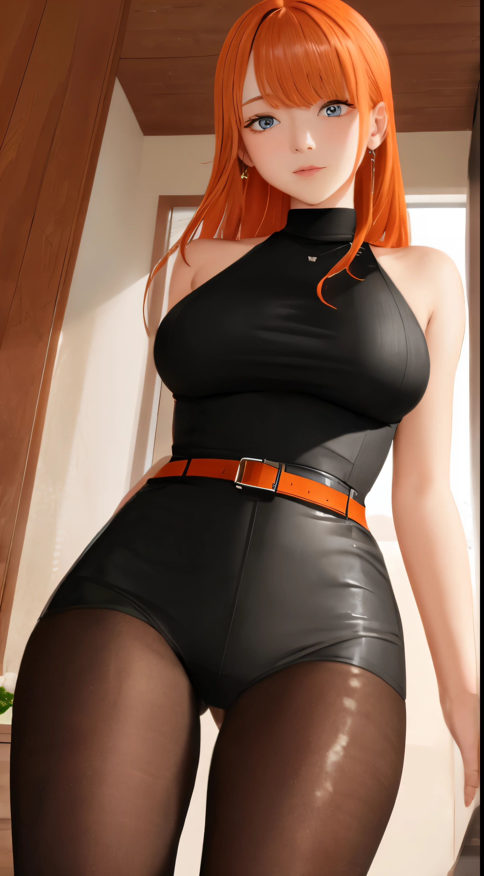 mother, masterpiece, Best quality, ultra detailed, beautiful lighting, 1 girl, orange hair, green eyes, freckles, turtleneck top, Looking at the viewer, detailed black stockings with belt, Juicy ass