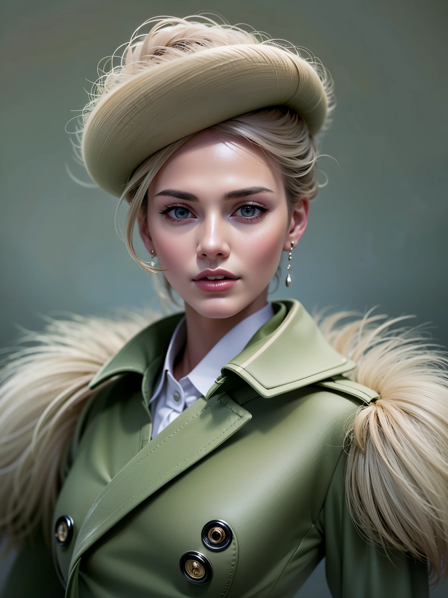 dynamic angle, wide shot of a woman wearing a Light Green hat and earrings, (Flight attendant),sleek dark fur, Light Green Fur, Russian style, very beautiful fur, fine fur, Dasha Taran, dark fur, Fur details, top hat, Anastasia Ovchinnikova, Light Green hat, synthetic fur, Elena Belova, wearing a top hat, Julia Gorokhova,Beautiful maturation, ((slim, )), photographrealistic, photograph, masterpiece, realistic, realism, photographrealism, high contrast, photographrealistic digital art trending on Artstation 8k HD high definition be familiar with realistic, be familiar with, skin texture, hyper be familiar with, realistic skin texture, armature, highest quality, 超High resolution, (photographrealistic:1.4),, High resolution, be familiar with, close up shot, sharp focus, (1 girl, european girl, Featured models), realistic skin, (slimな体型), Platinum-colored side sweep shorthair, highly detailed hair, delicate face, glossy lips,