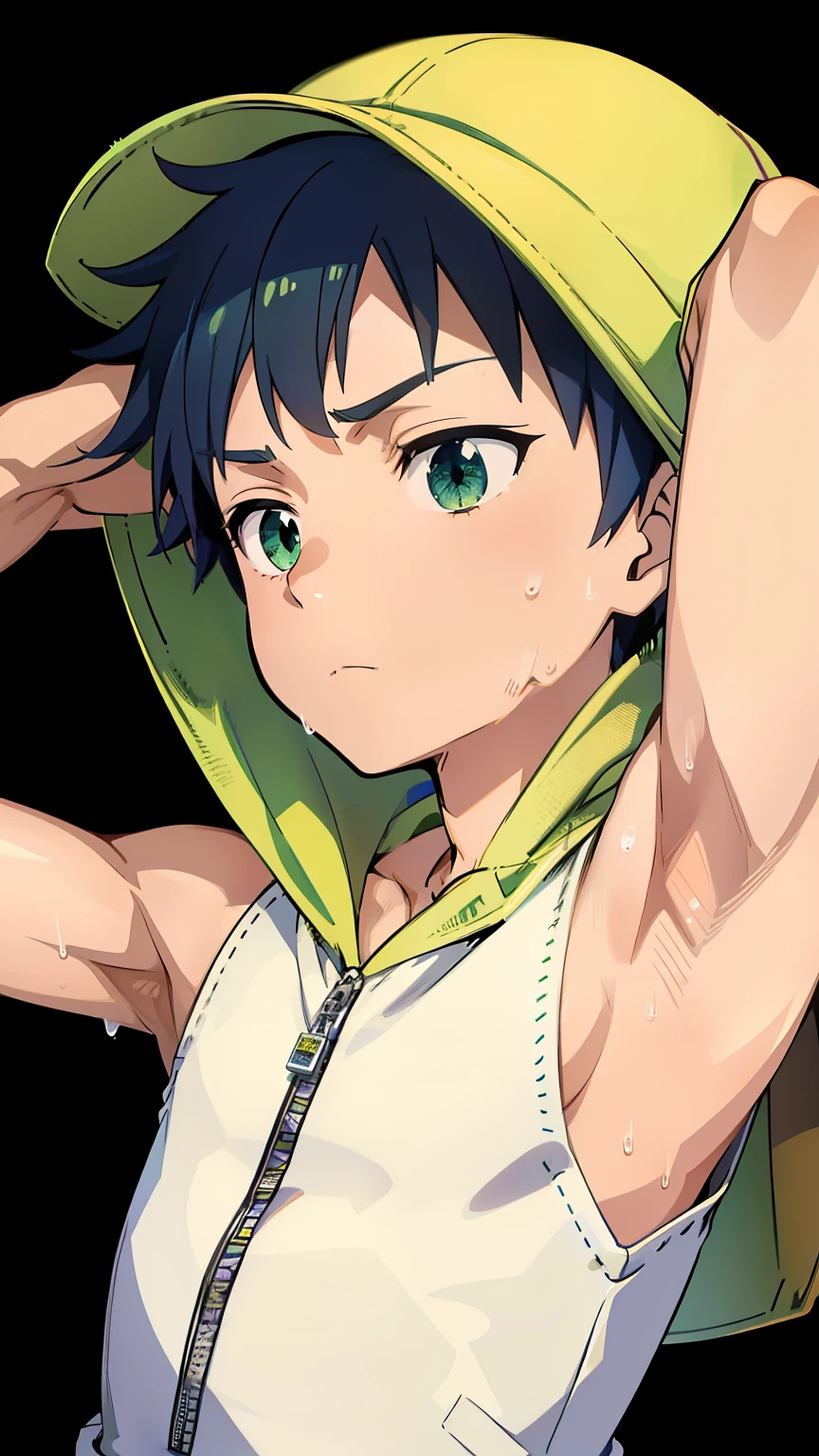 Highres, Masterpiece, Best quality at best,Best Quality,hight quality, hight detailed, 1boy, Shota, White hoodie with green stripes, Wearing cap, The hoodie is sleeveless and has an open zipper, (very small and short stature), (very young boy), (very small and short body), ***************s, (Showing armpit:1.3), hansome, Sweat, Simple beckground