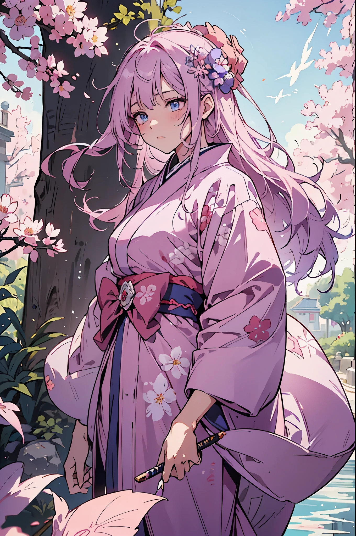Name: Yuka Sakura Appearance: young girl with long pink hair and blue eyes. Cloth: wears a light purple kimono with a floral pattern. Nature: soft, dreamy, gentle, but determined in battle. Distinctive features: her skin glows when using the ability. Weapon: elegant fan, turning into a sword at the owner's command. Ability: 5 - world