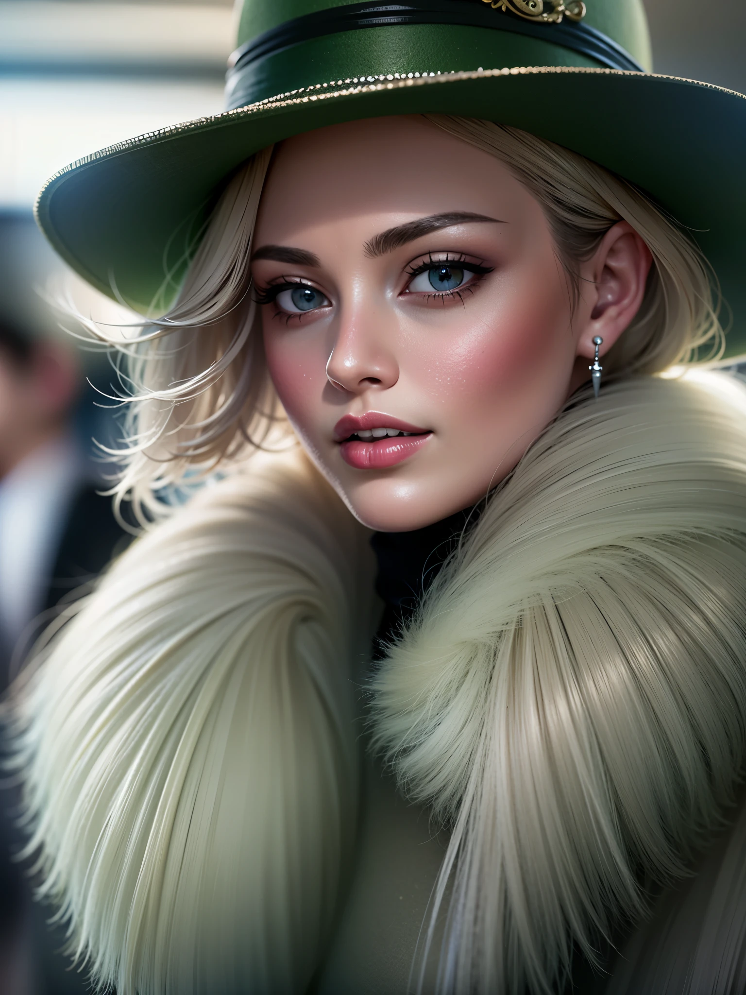 dynamic angle, wide shot of a woman wearing a Light Green hat and earrings, (Flight attendant),sleek dark fur, Light Green Fur, Russian style, very beautiful fur, fine fur, Dasha Taran, dark fur, Fur details, top hat, Anastasia Ovchinnikova, Light Green hat, synthetic fur, Elena Belova, wearing a top hat, Julia Gorokhova,Beautiful maturation, ((slim, )), photographrealistic, photograph, masterpiece, realistic, realism, photographrealism, high contrast, photographrealistic digital art trending on Artstation 8k HD high definition be familiar with realistic, be familiar with, skin texture, hyper be familiar with, realistic skin texture, armature, highest quality, 超High resolution, (photographrealistic:1.4),, High resolution, be familiar with, close up shot, sharp focus, (1 girl, european girl, Featured models), realistic skin, (slimな体型), Platinum-colored side sweep shorthair, highly detailed hair, delicate face, glossy lips,