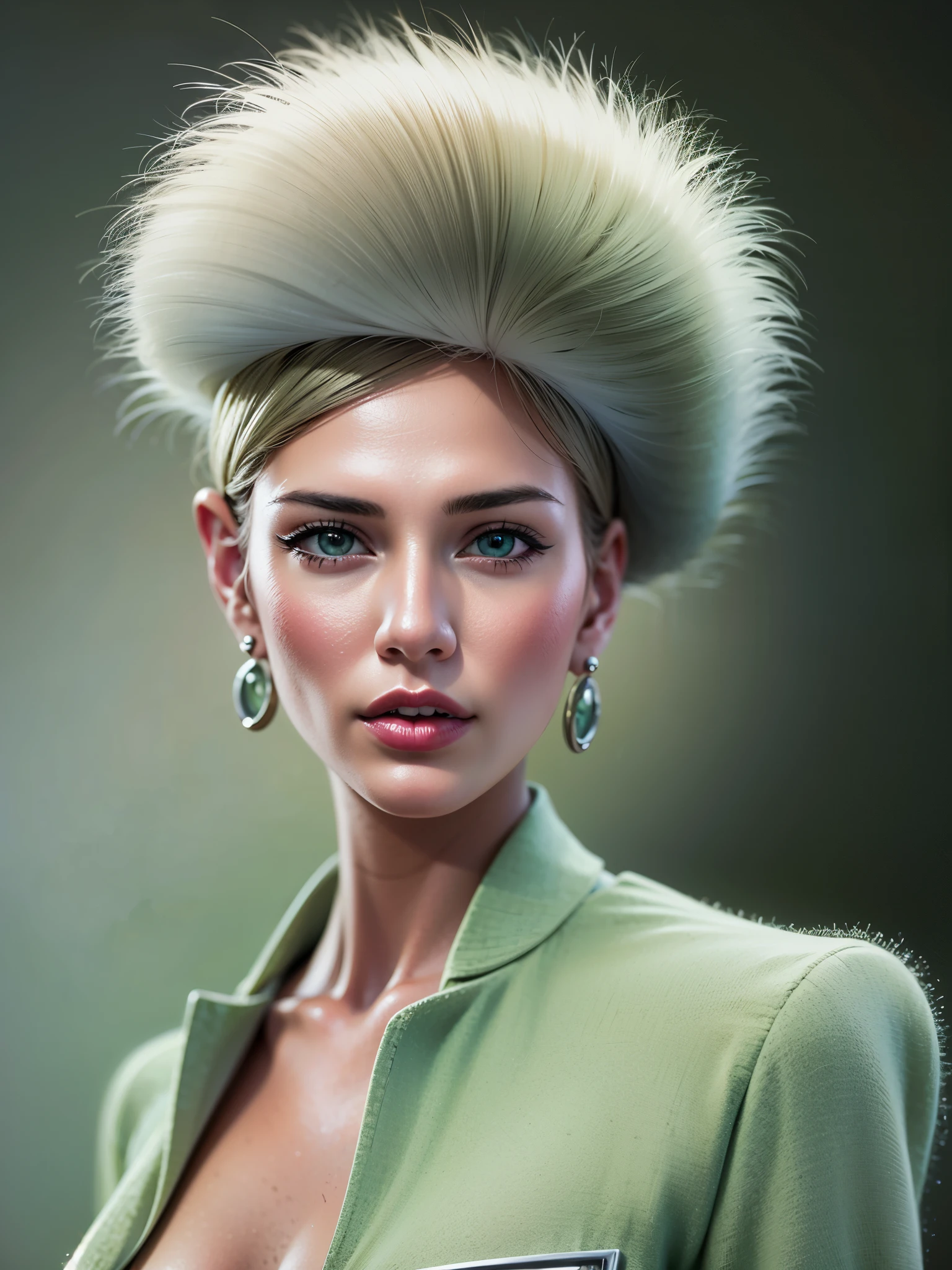 dynamic angle, wide shot of a woman wearing a Light Green hat and earrings, (Flight attendant),sleek dark fur, Light Green Fur, Russian style, very beautiful fur, fine fur, Dasha Taran, dark fur, Fur details, top hat, Anastasia Ovchinnikova, Light Green hat, synthetic fur, Elena Belova, wearing a top hat, Julia Gorokhova,Beautiful maturation, ((slim, )), photographrealistic, photograph, masterpiece, realistic, realism, photographrealism, high contrast, photographrealistic digital art trending on Artstation 8k HD high definition be familiar with realistic, be familiar with, skin texture, hyper be familiar with, realistic skin texture, armature, highest quality, 超High resolution, (photographrealistic:1.4),, High resolution, be familiar with, close up shot, sharp focus, (1 girl, european girl, Featured models), realistic skin, (slimな体型), Platinum-colored side sweep shorthair, highly detailed hair, delicate face, glossy lips,