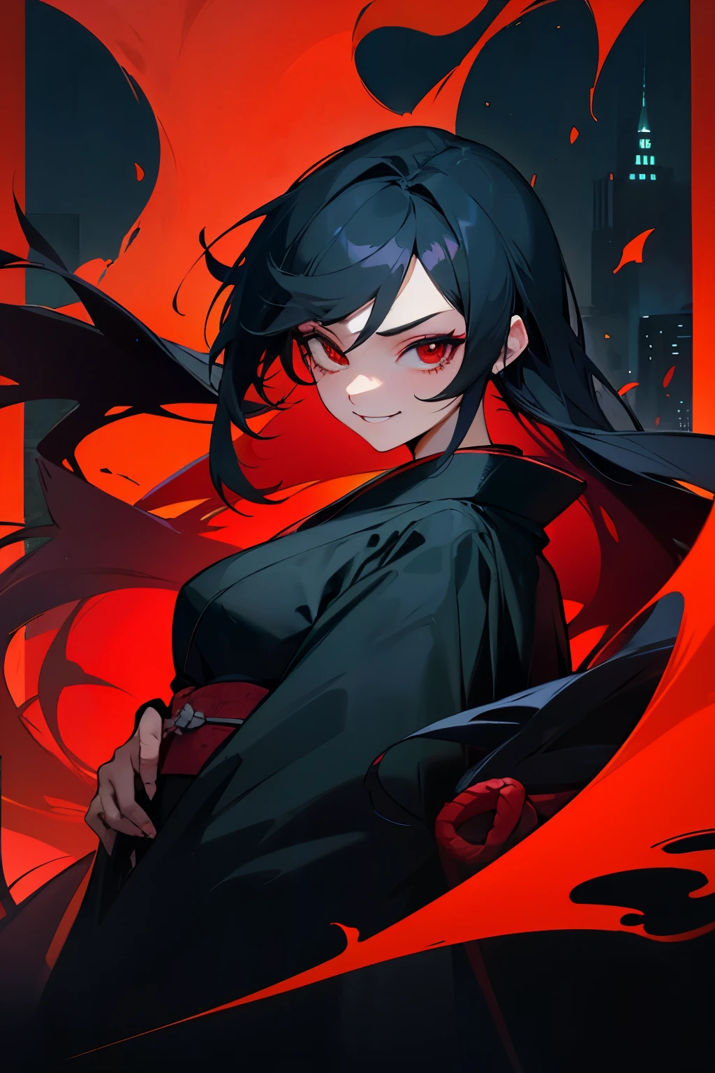 Woman, black messy long hair, side strands of hair, red eyes, evil smile, adult body, black kimono clothes, red details in clothes, medieval night city