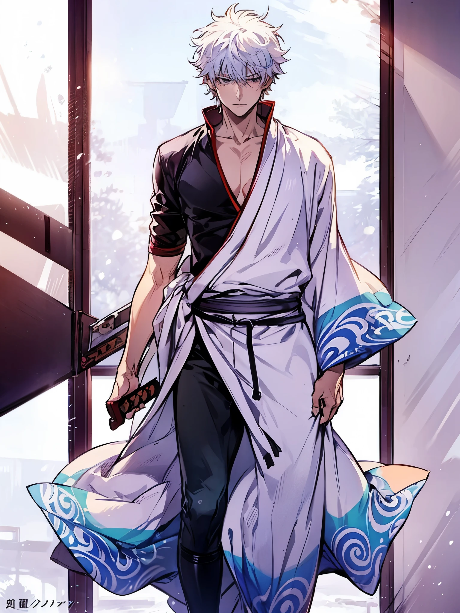 anime - style image of a one man with a sword and a white hair, a silver haired mad, sakata gintoki, with index finger, sakata gintoki silver hair, sakata gintoki portrait, gintama style, standing pose, silver haired, clean detailed anime art, sword, Japanese clothing, Japanese room, inside a Japanese room, clean details, perfect face details,