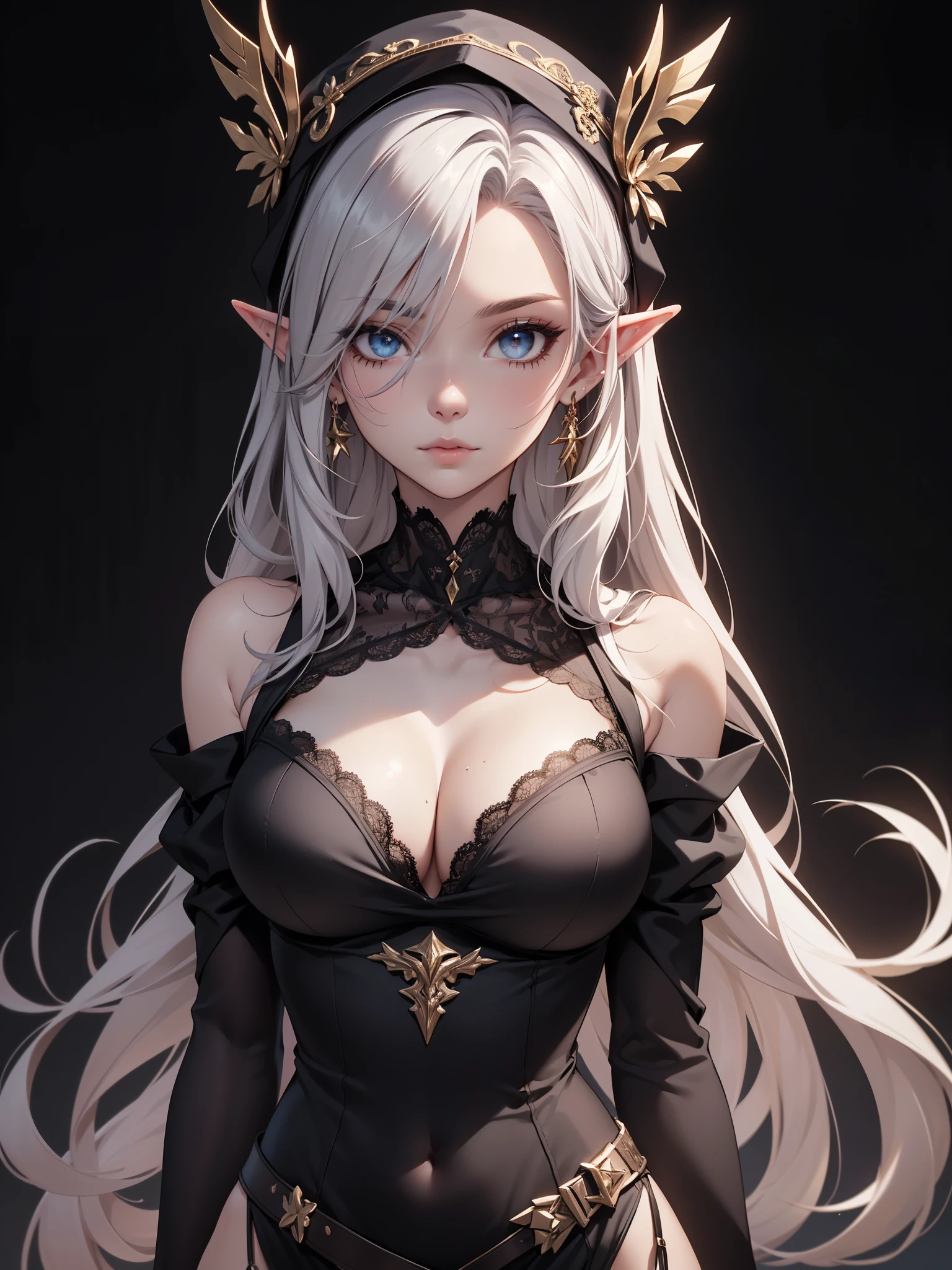 White elf girl, very long flowing hair, grey eye color, small eyes, realistic human eye shape, round eye shape, eyeliner, realistic face shape. black lace low cut lace shirt, portrait, wearing a black hood, black background, chest showing, NSFW, Depth of Field. looking at camera, dreamy look detailed eyes, detailed face, detailed skin, Ultra Detailed, Beautiful and Aesthetic, Masterpiece, Best Quality, shoulders showing. lace fabric, round chin shape. wearing black hood over hair. showing full upper body and face. wearing a black hood. hips showing, flairs in background, zoomed out. full body showing. hips exposed, black and gold.