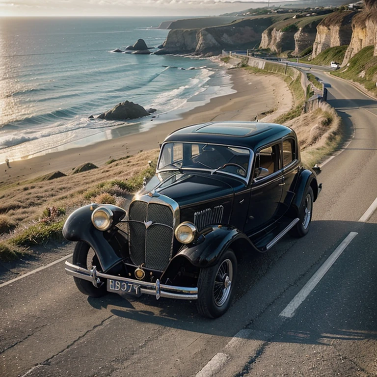 A beautiful vintage car, elegant and detailed, on the edge of modernity, allows open-air driving along a serene, sun-drenched coastal road in the golden hour, coastal rocks highlighted by glistening sunlight, reflections sparkling on crystalline waves.