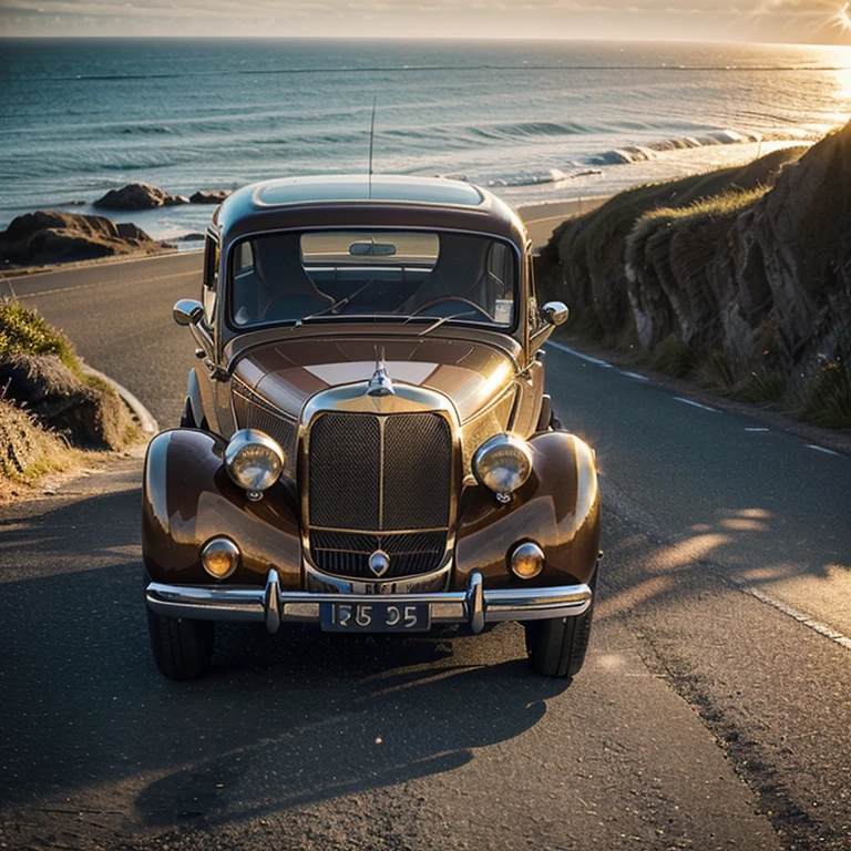 A beautiful vintage car, elegant and detailed, on the edge of modernity, allows open-air driving along a serene, sun-drenched coastal road in the golden hour, coastal rocks highlighted by glistening sunlight, reflections sparkling on crystalline waves.