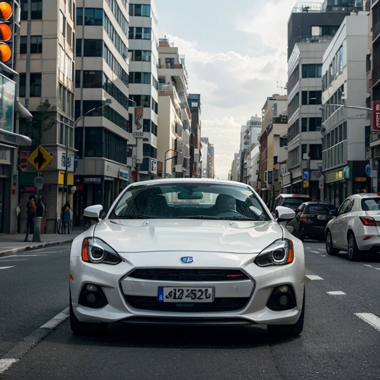 White sports car driving through a bustling city street with traffic lights and diverse cars.