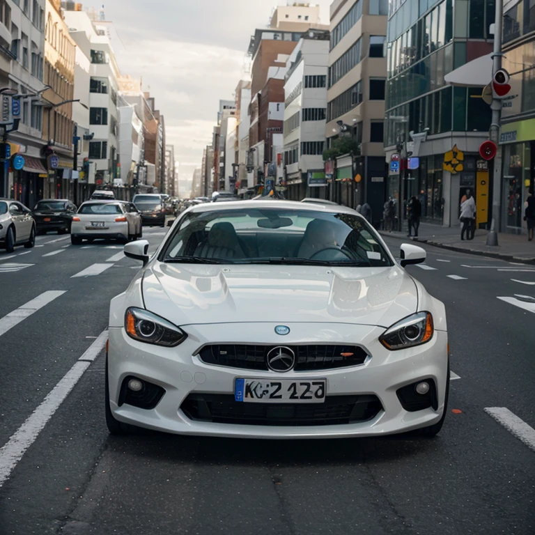 White sports car driving through a bustling city street with traffic lights and diverse cars.