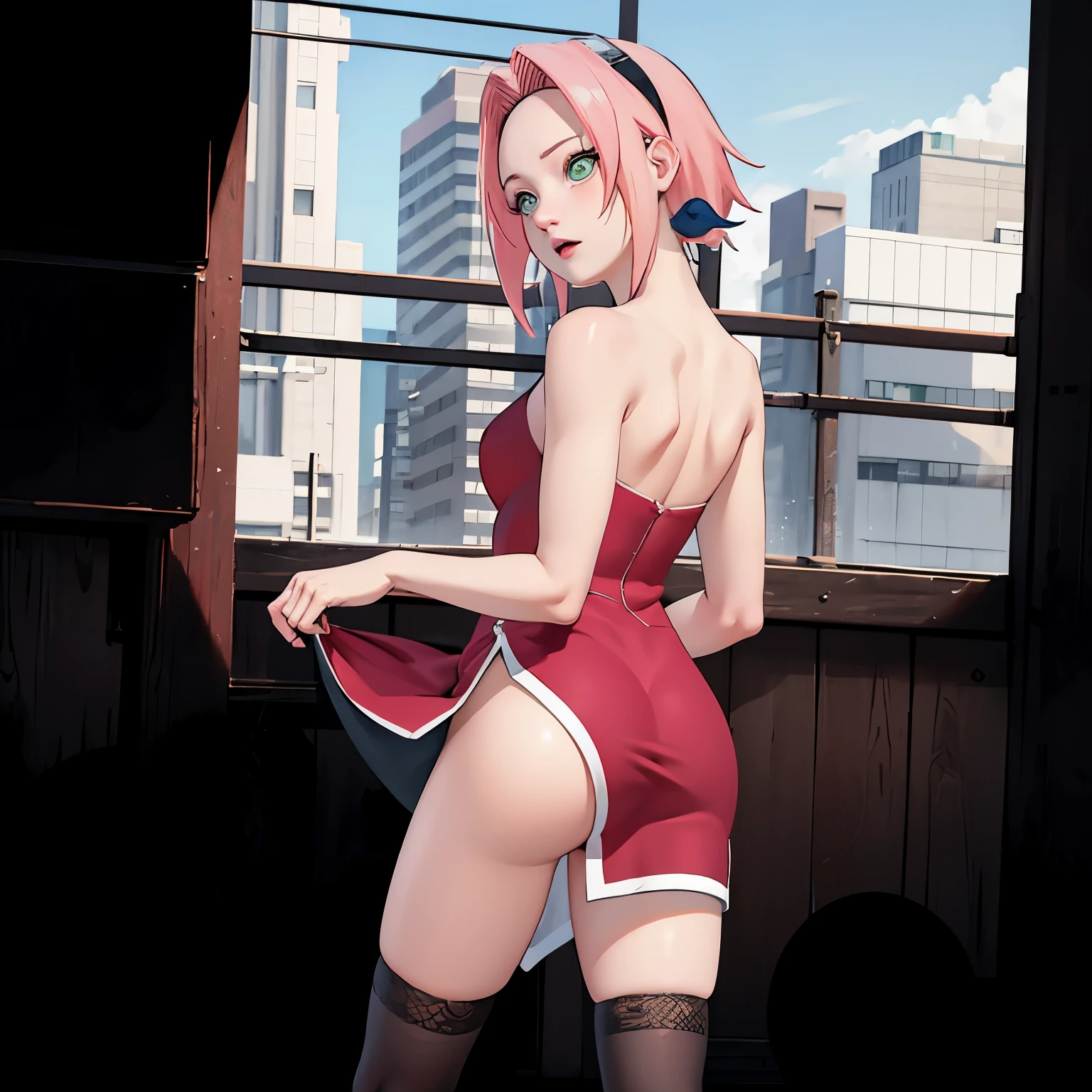 ((Masterpiece: 1.2)), ((high quality)), ((detail)), 1girl, solo, perfect face, pefect body, perfect anatomy, pretty girl, cute girl, sakura haruno, short hair, green eyes, pink hair color, red Qipao, long dress, long dress slit, bare bottom, no panty, hanging up ass, pussy visible from behind, black stockings, high sock knee, black sock, realistic, reality, high quality image, ultra detail, 8k