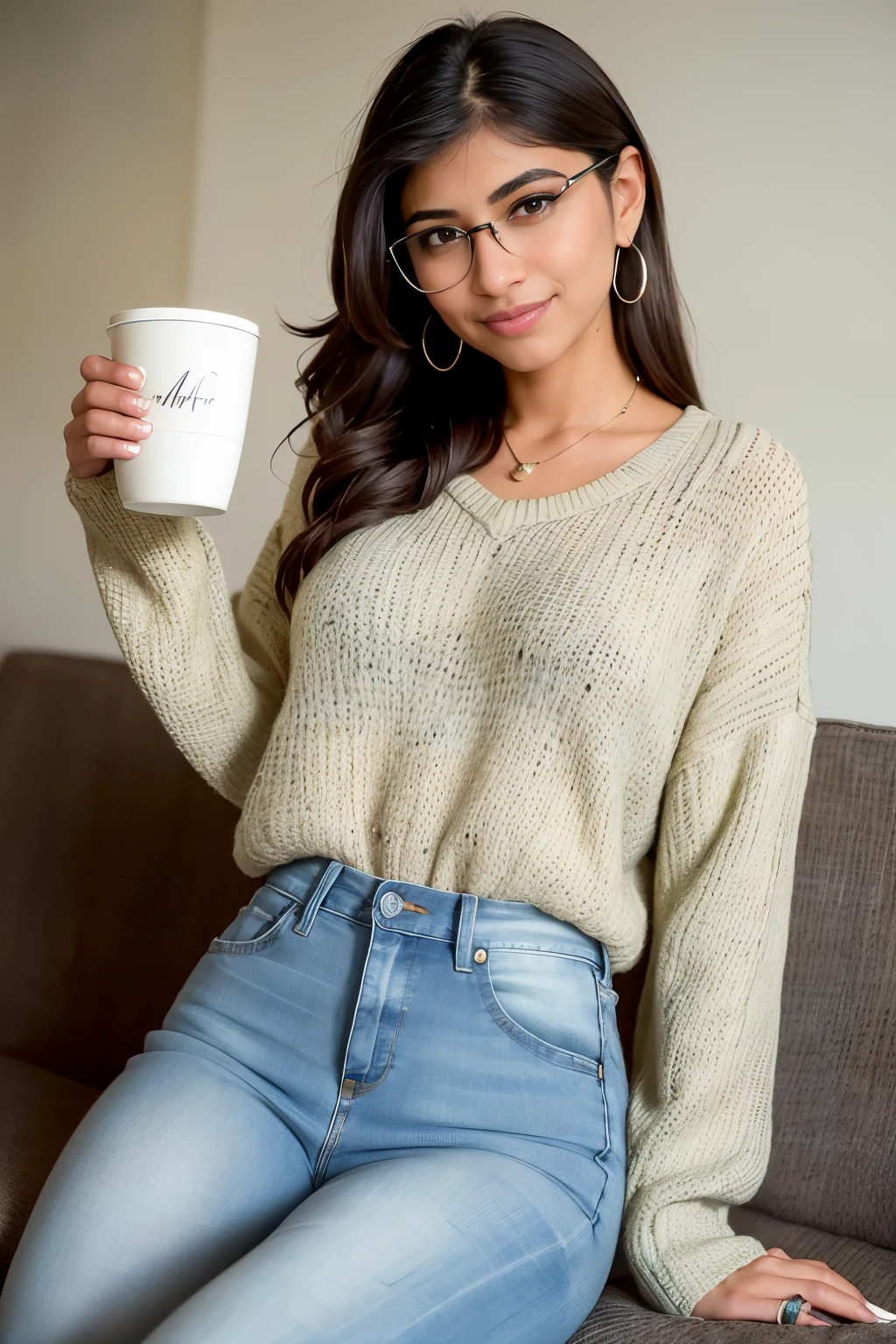 Stunning Mia Khalifa lookalike, clad in faded jeans and a cozy sweater, sits comfortably on a plush couch. With a warm smile gracing her lips, she cradles a steaming cup of coffee in her beautiful, slender hands. Framed by her delicate glasses, her captivating eyes twinkle, adding an alluring charm to her enchanting appearance. (perfectly rendered: 1.4), (masterpiece: 1.5), (high definition: 1.3), (photorealistic: 1.2), beautiful, jeans, sweater, sitting, holding coffee, smiling, glasses, beautiful hands.