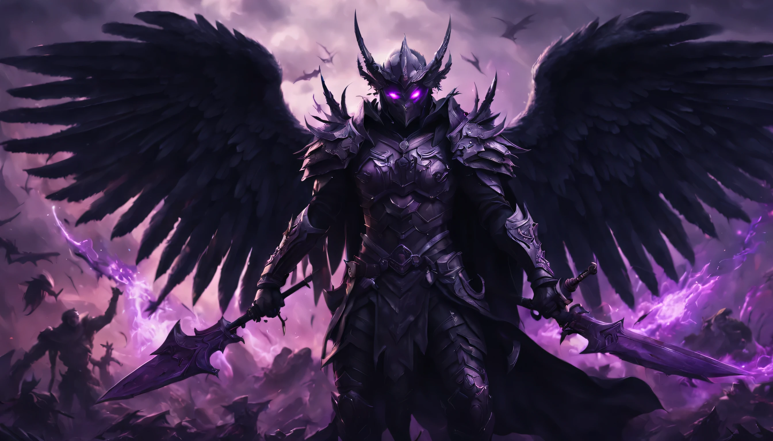 warrior angel with black wings, dark armor and purple glowing markings surrounded by demons on an apocalyptic battlefield, high detail, Digital art