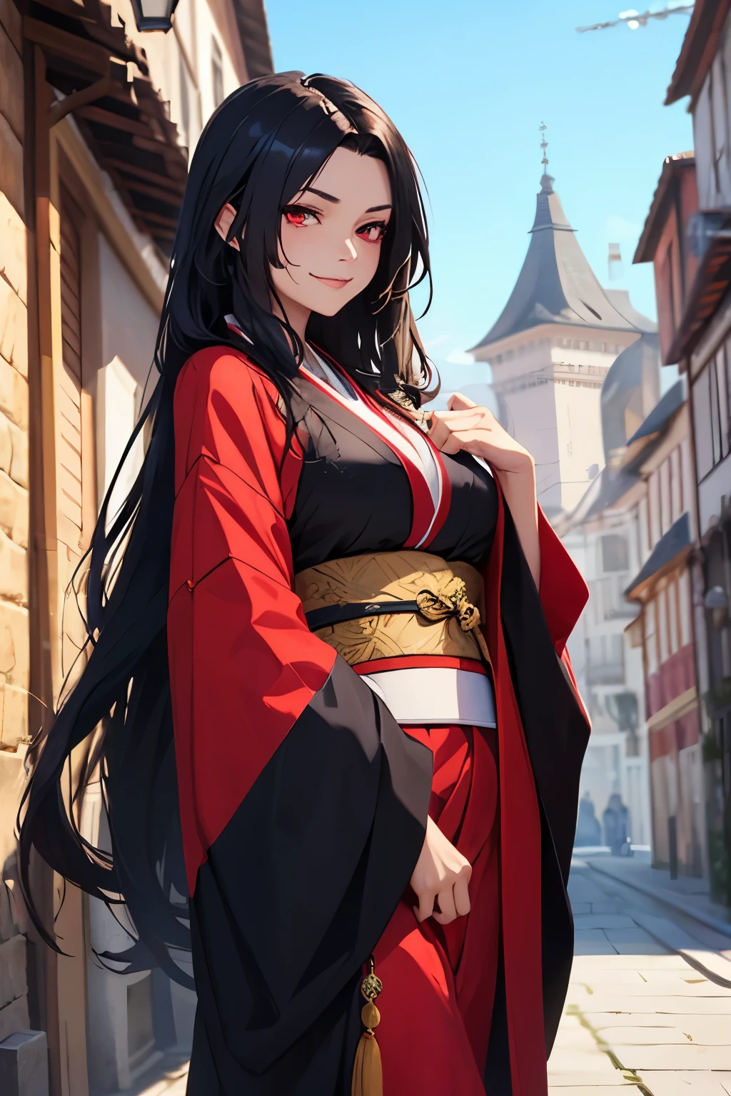 Woman, black messy long hair, side strands of hair, red eyes, evil smile, black kimono clothes, red details in clothes, medieval city, villain, seinen