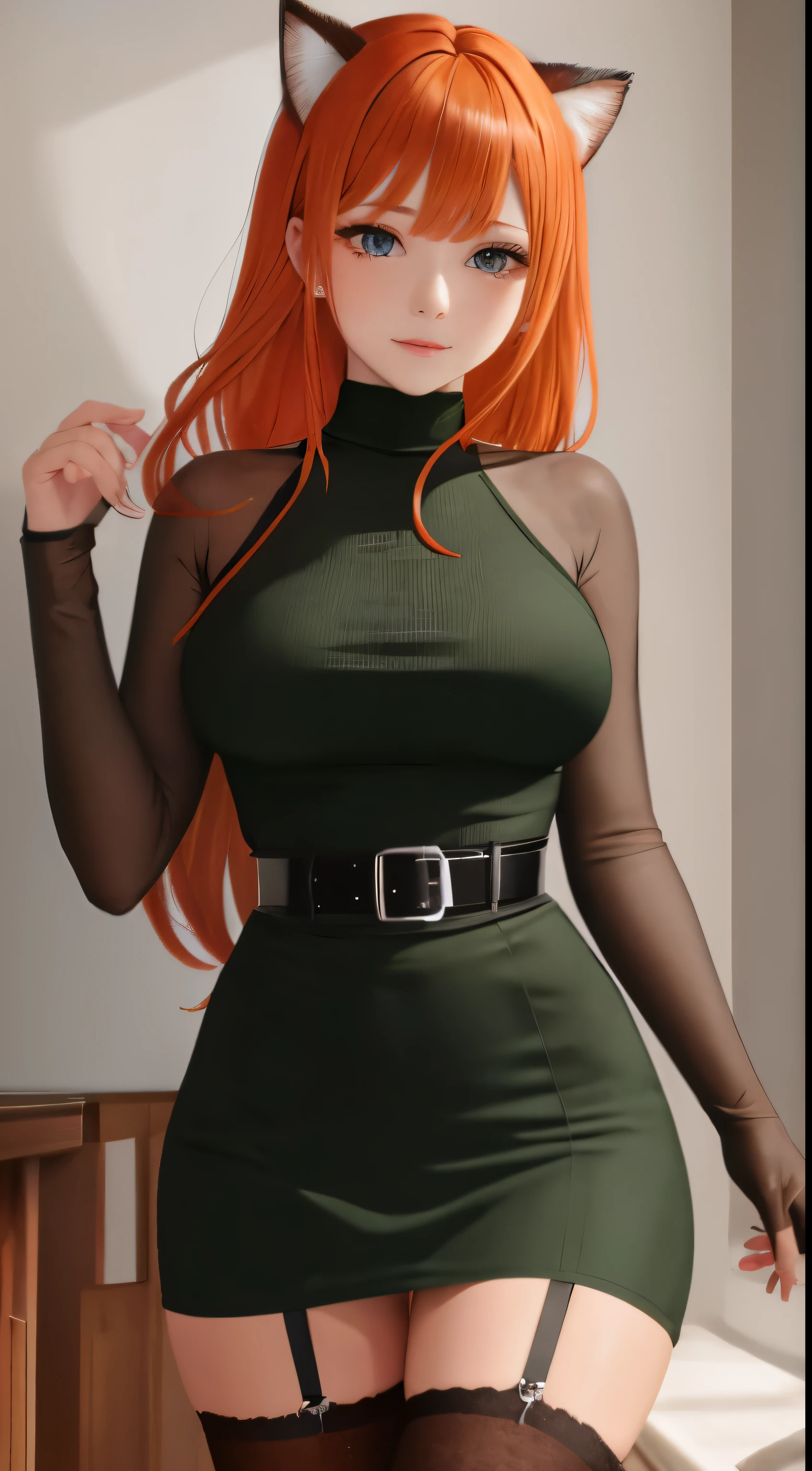 mother, masterpiece, Best quality, ultra detailed, beautiful lighting, 1 girl, orange hair, cat ear, green eyes, freckles, turtleneck top, Looking at the viewer, detailed black stockings with belt, Juicy ass
